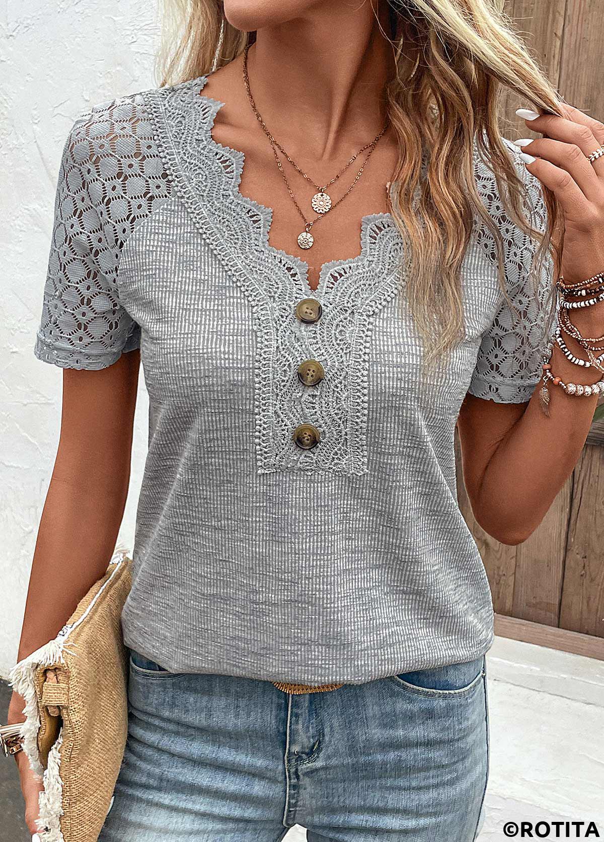 Grey plus size,Plain Color plus size,ROTITA Plus Size Lace Grey V Neck T Shirt