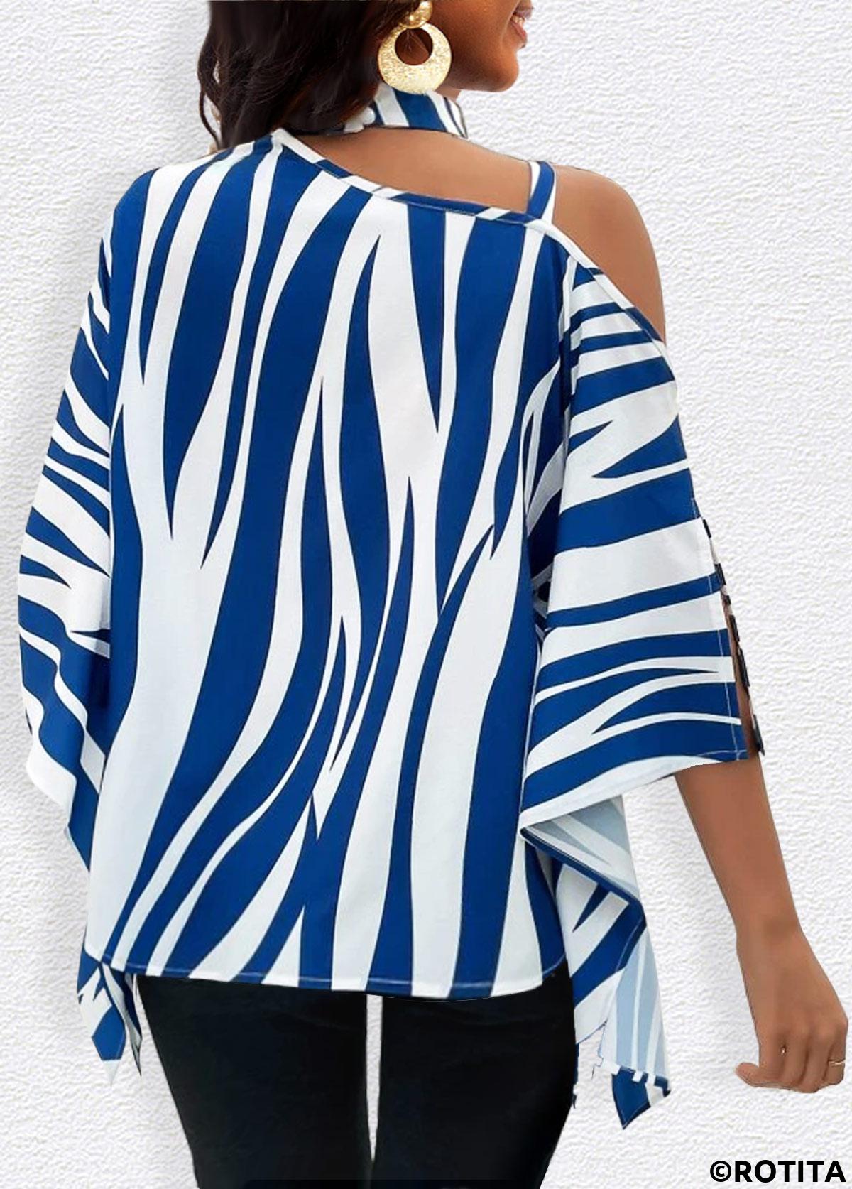Blue tops,White tops,Animal Print tops,ROTITA Chain Zebra Stripe Print Blue T Shirt