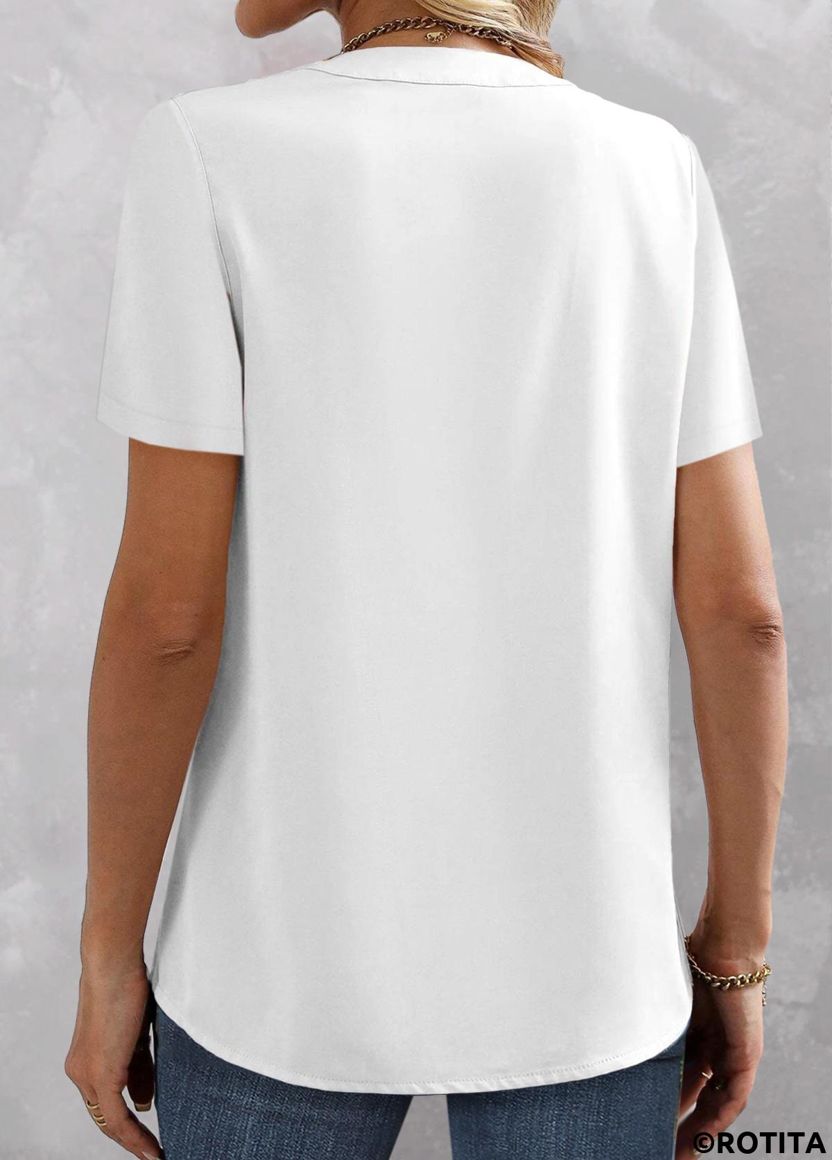 ROTITA Patchwork White Split Neck Short Sleeve Blouse