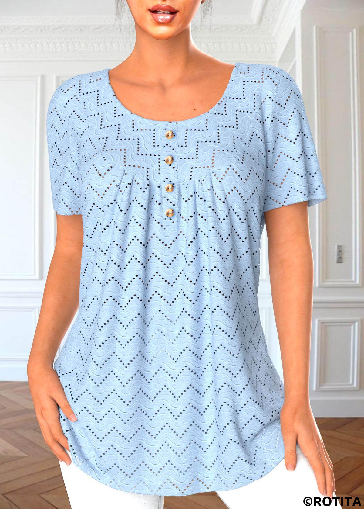 Light Blue tops,Plain Color tops,ROTITA Button Light Blue Round Neck Short Sleeve Blouse