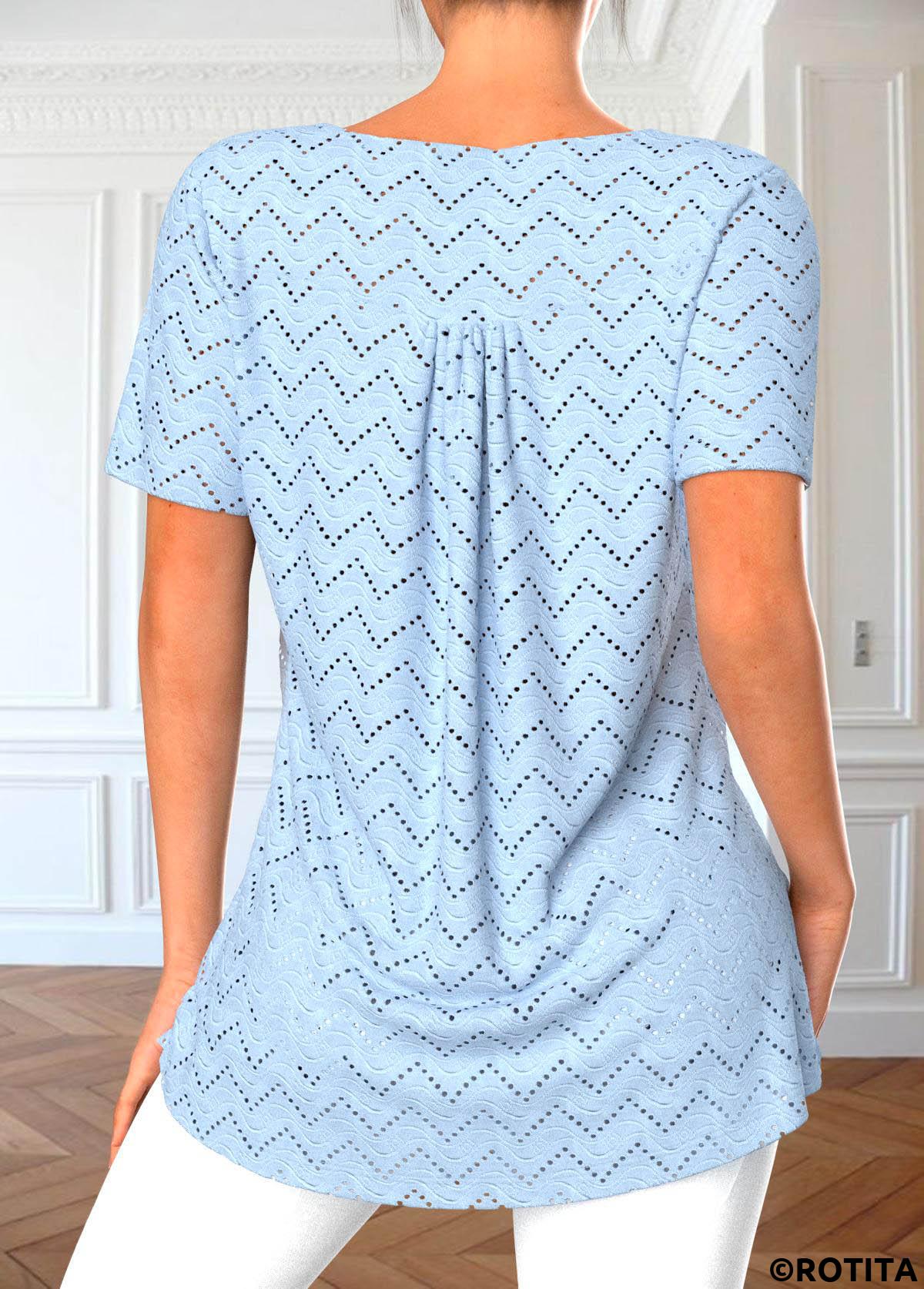 Light Blue tops,Plain Color tops,ROTITA Button Light Blue Round Neck Short Sleeve Blouse