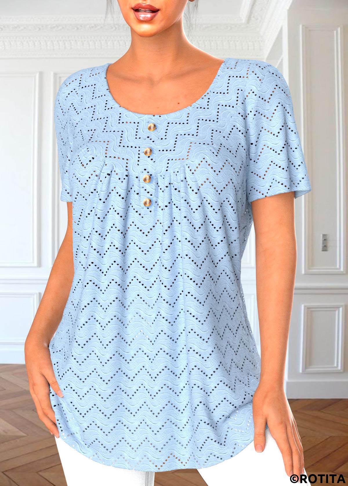 Light Blue tops,Plain Color tops,ROTITA Button Light Blue Round Neck Short Sleeve Blouse