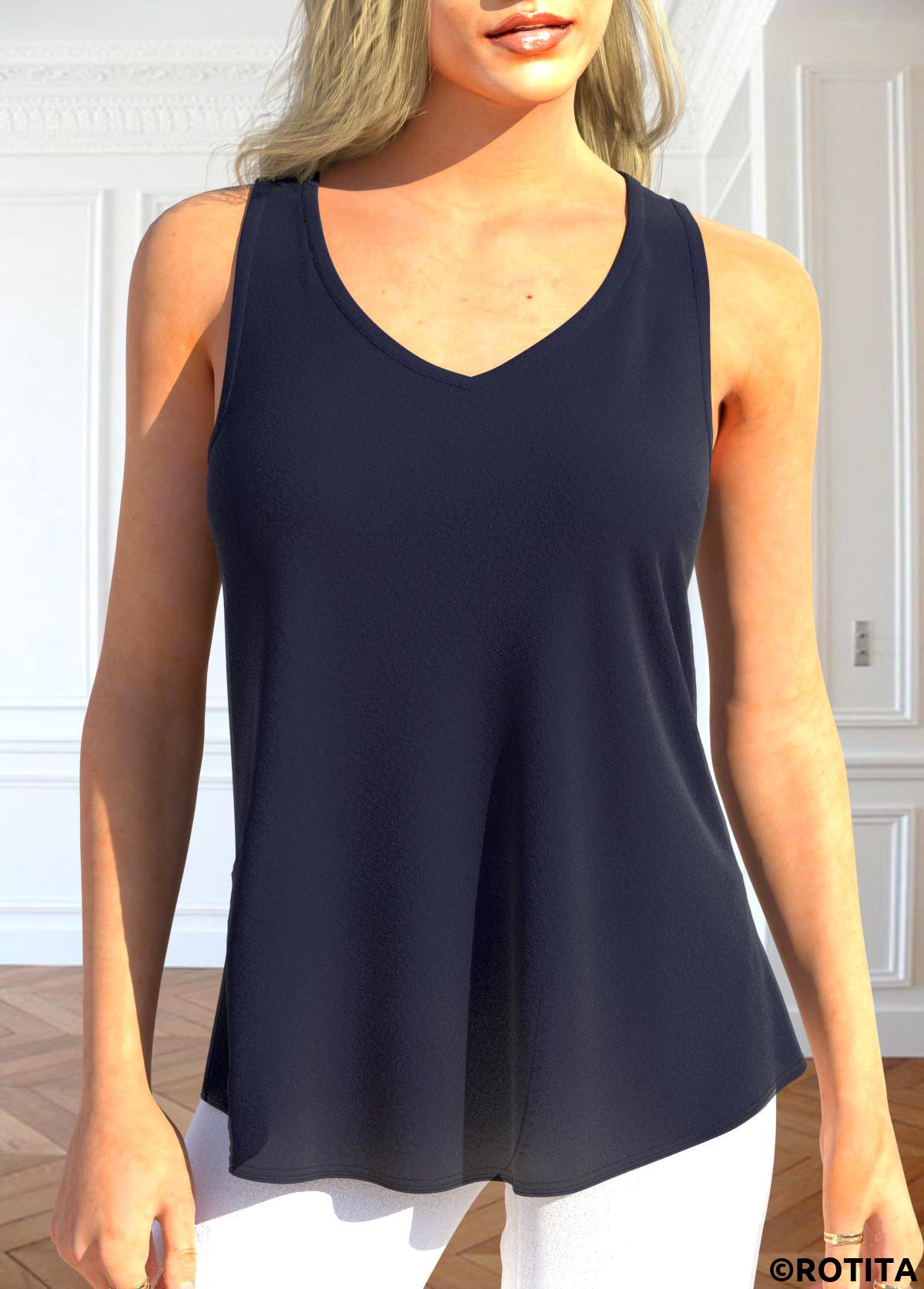 Navy tops,Plain Color tops,ROTITA Two Piece Navy V Neck Cardigan and Tank Top