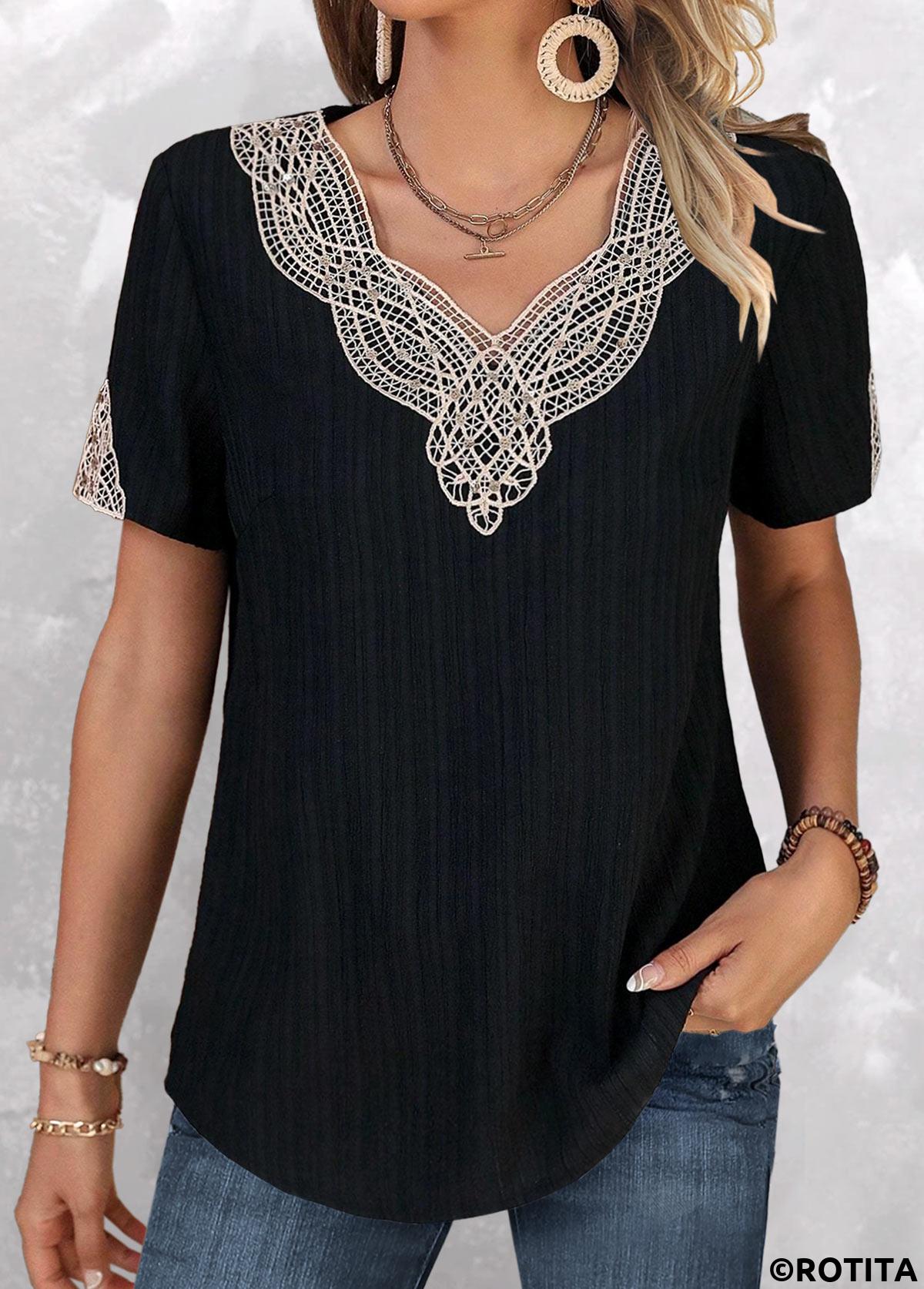 Black tops,Contrast Color tops,ROTITA Lace Black V Neck Short Sleeve T Shirt