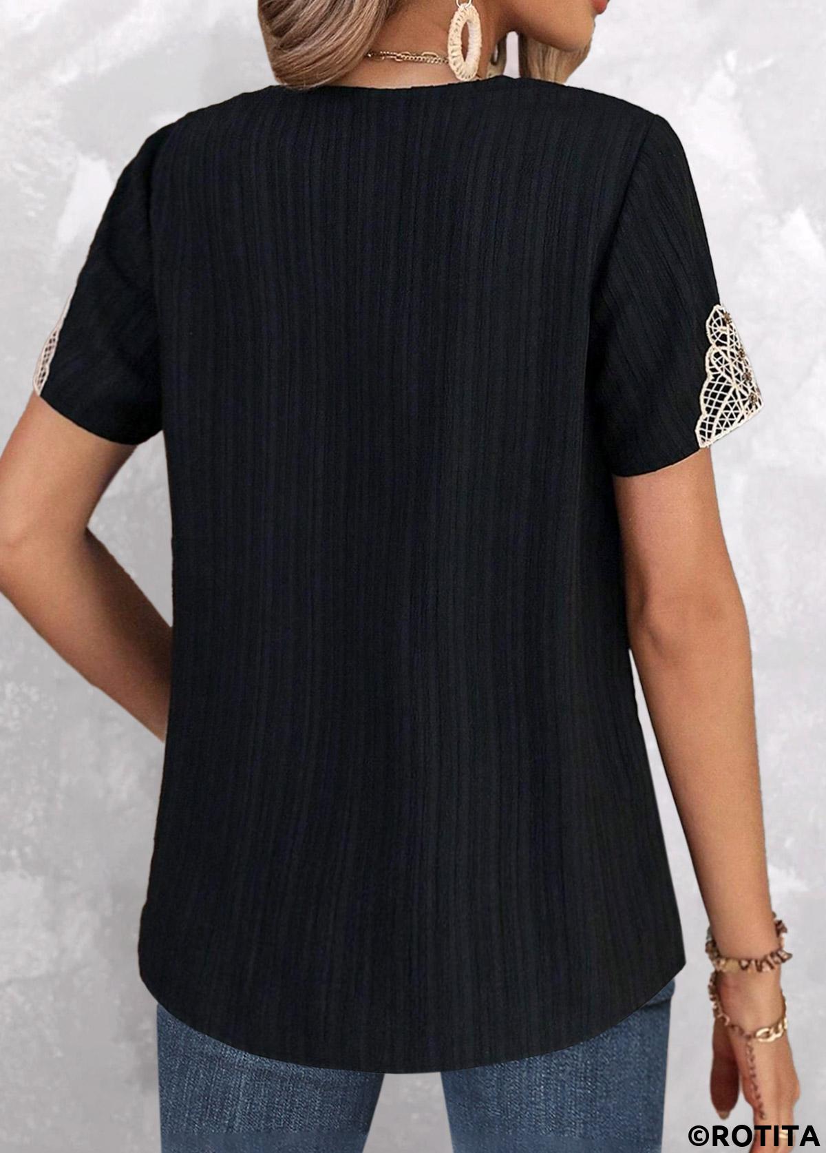 Black tops,Contrast Color tops,ROTITA Lace Black V Neck Short Sleeve T Shirt