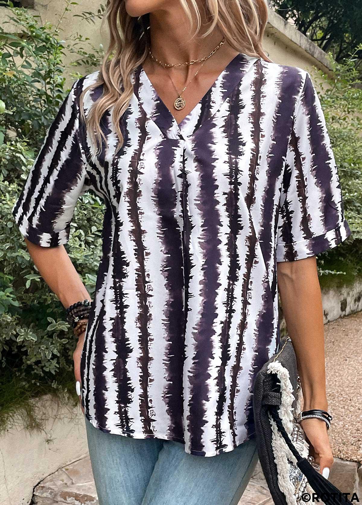 Multi Color tops,Striped tops,Geometric tops,Patchwork Striped Multi Color V Neck Blouse