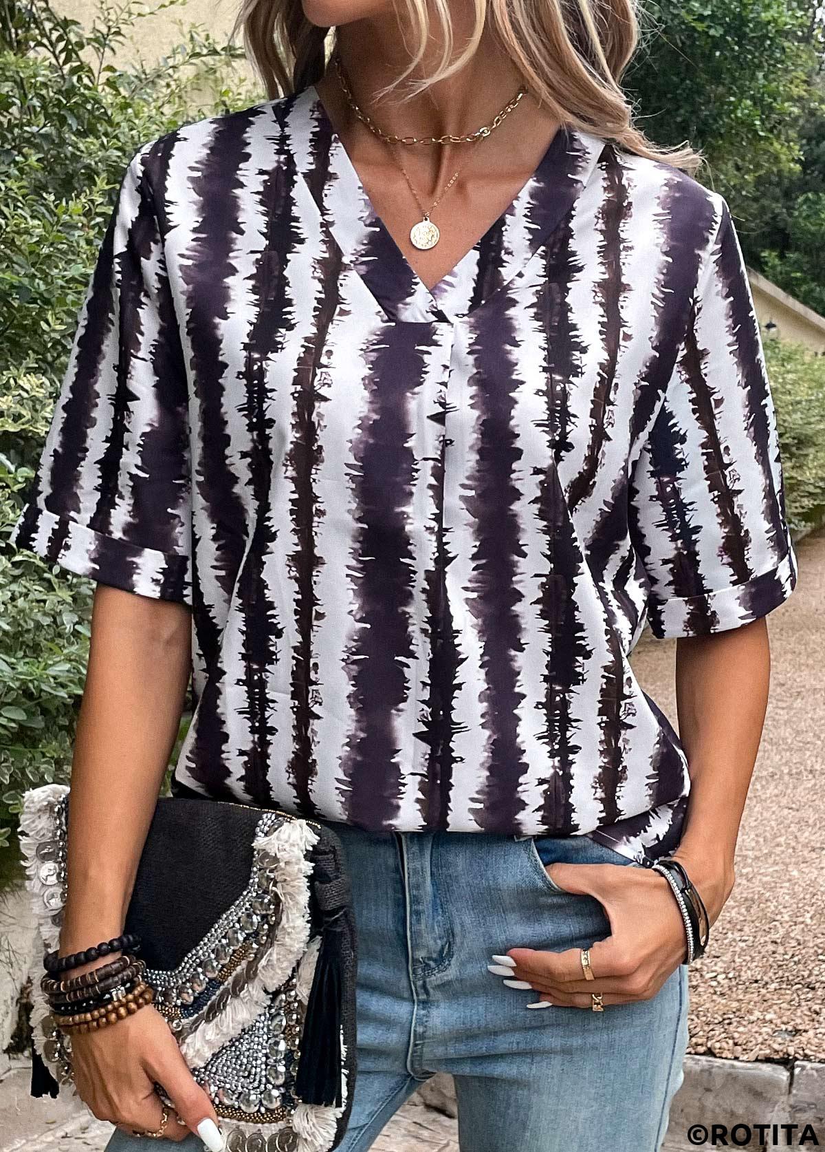 Multi Color tops,Striped tops,Geometric tops,Patchwork Striped Multi Color V Neck Blouse