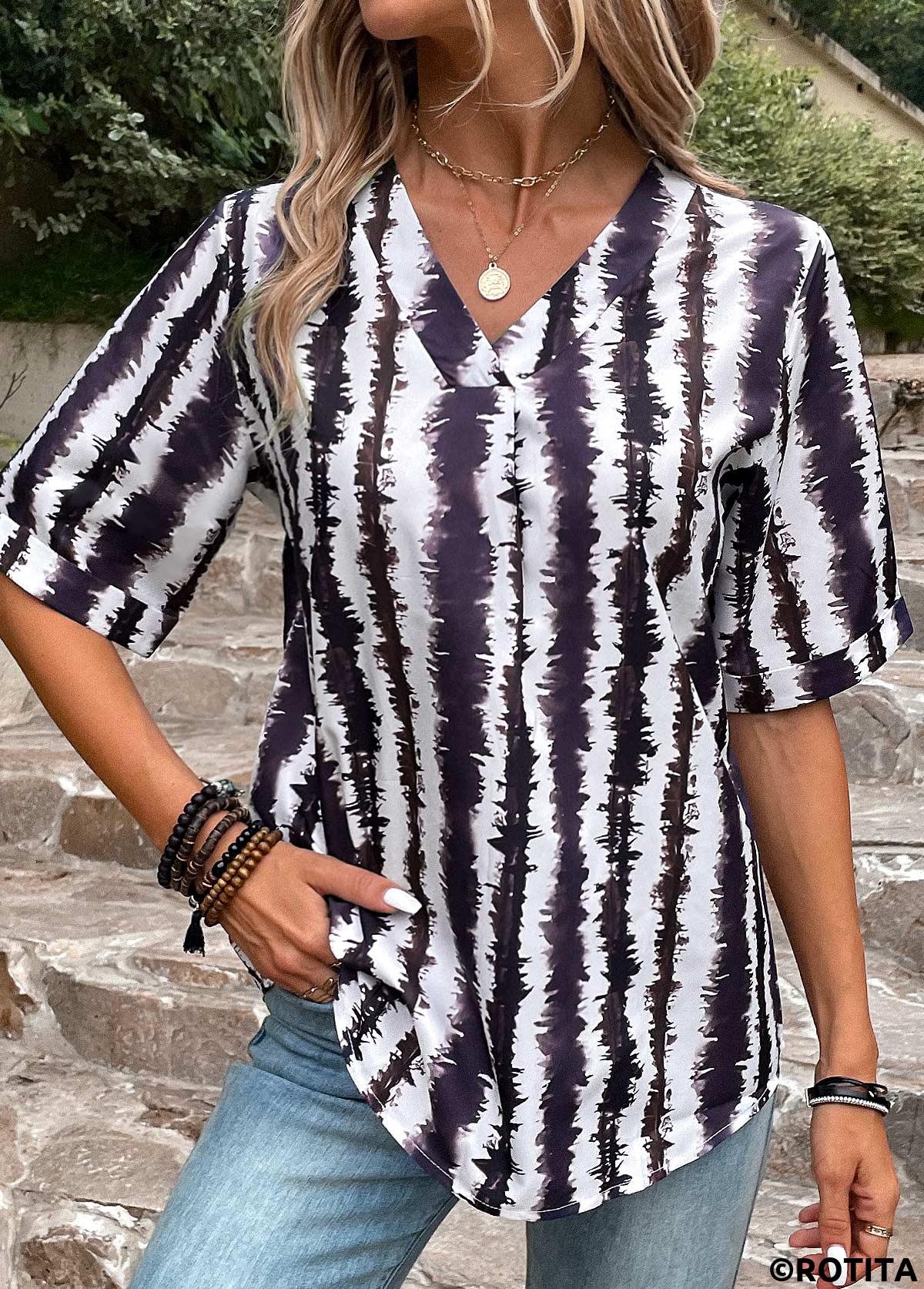 Multi Color tops,Striped tops,Geometric tops,Patchwork Striped Multi Color V Neck Blouse
