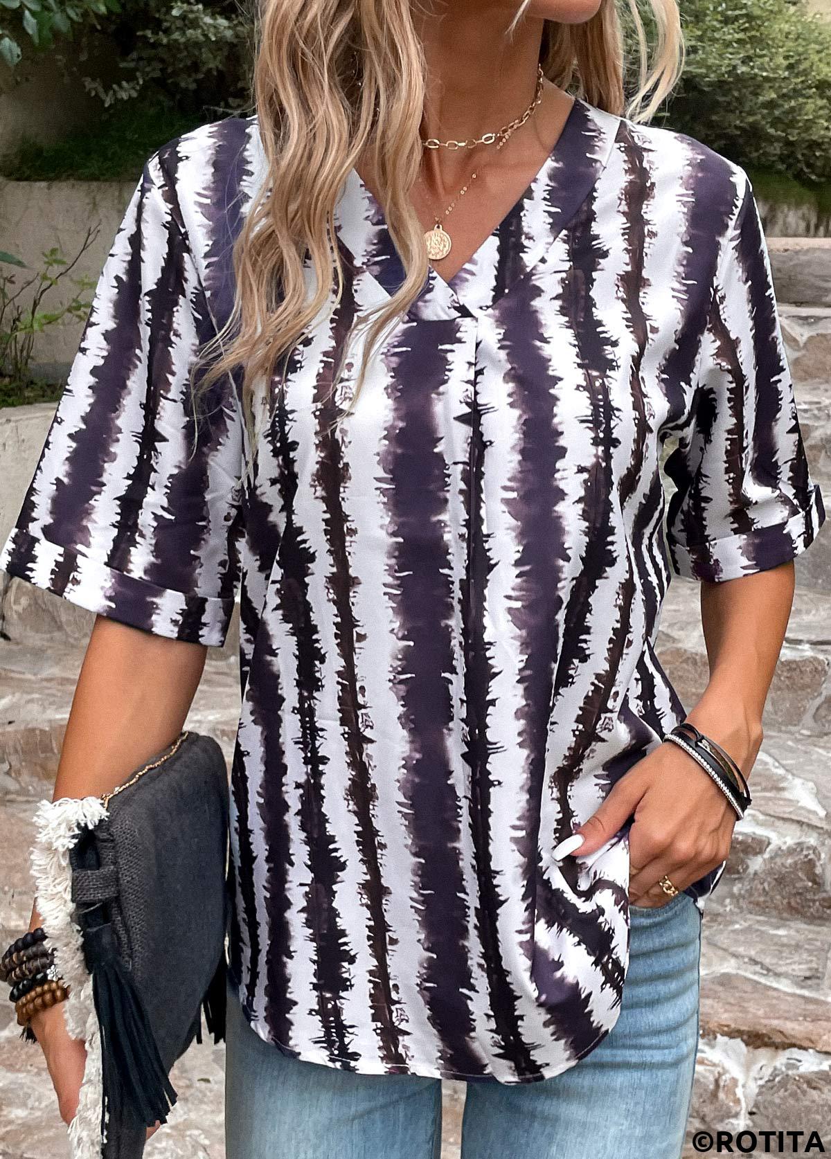 Multi Color tops,Striped tops,Geometric tops,Patchwork Striped Multi Color V Neck Blouse