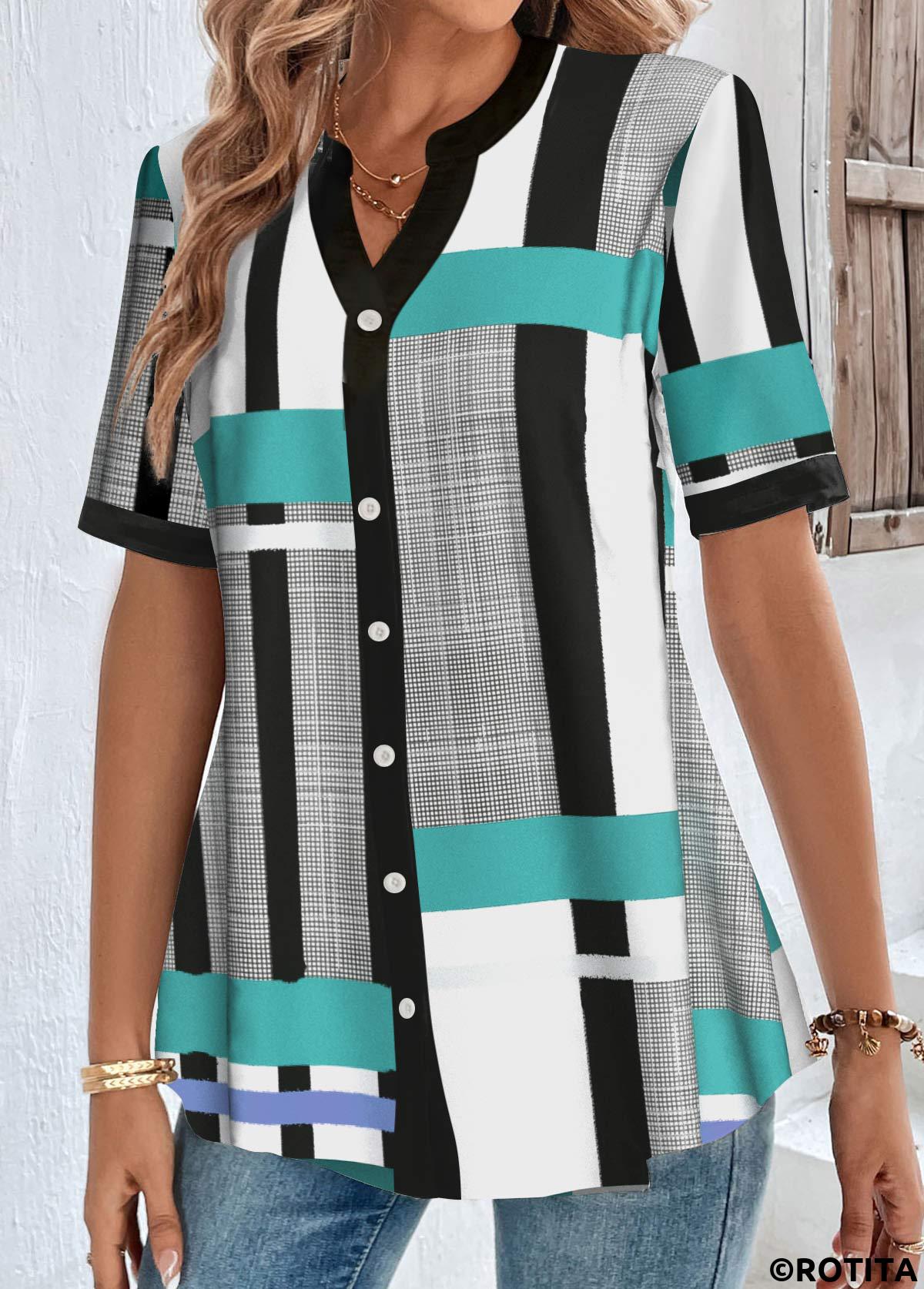 White plus size,Black plus size,Geometric plus size,Striped plus size,ROTITA Plus Size Button White Geometric Print Blouse