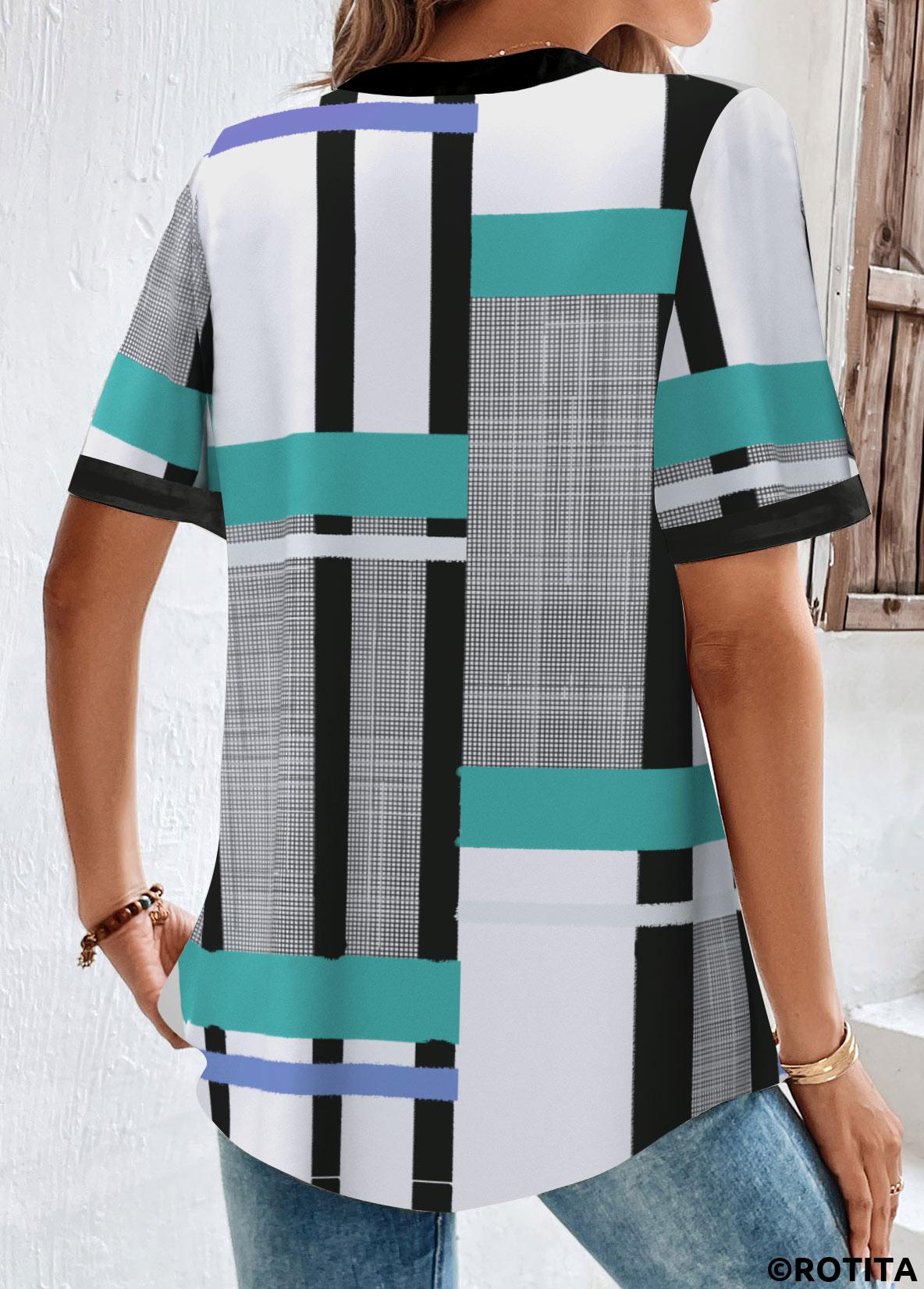 White plus size,Black plus size,Geometric plus size,Striped plus size,ROTITA Plus Size Button White Geometric Print Blouse