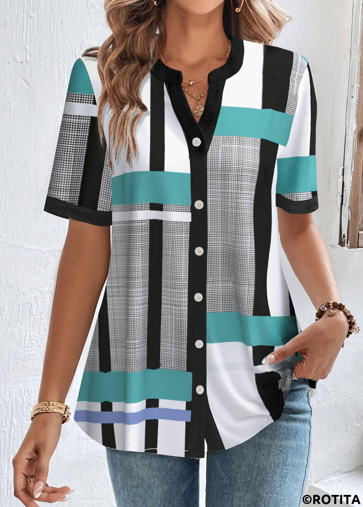 White plus size,Black plus size,Geometric plus size,Striped plus size,ROTITA Plus Size Button White Geometric Print Blouse