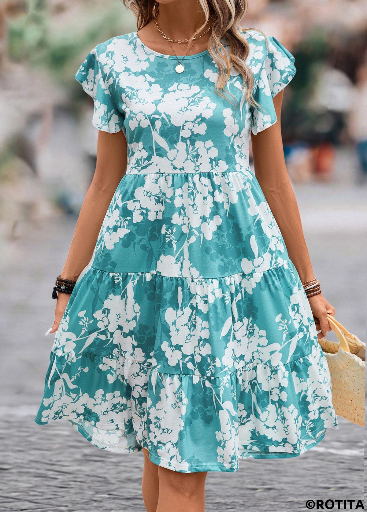 Blue dresses,White dresses,Floral dresses,Everyday dresses,Casual dresses,ROTITA Ruffle Floral Print Blue Round Neck Dress