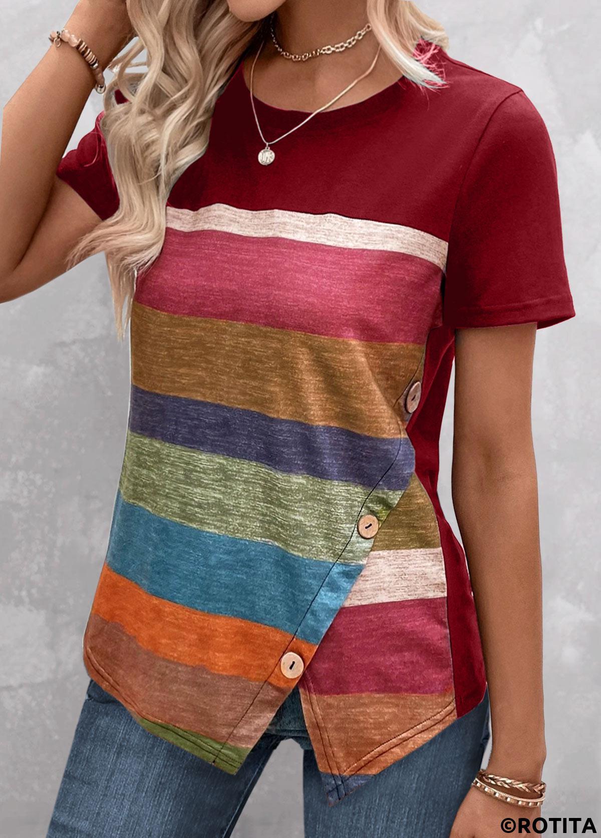 Red tops,Striped tops,Geometric tops,ROTITA Split Striped Red Round Neck T Shirt