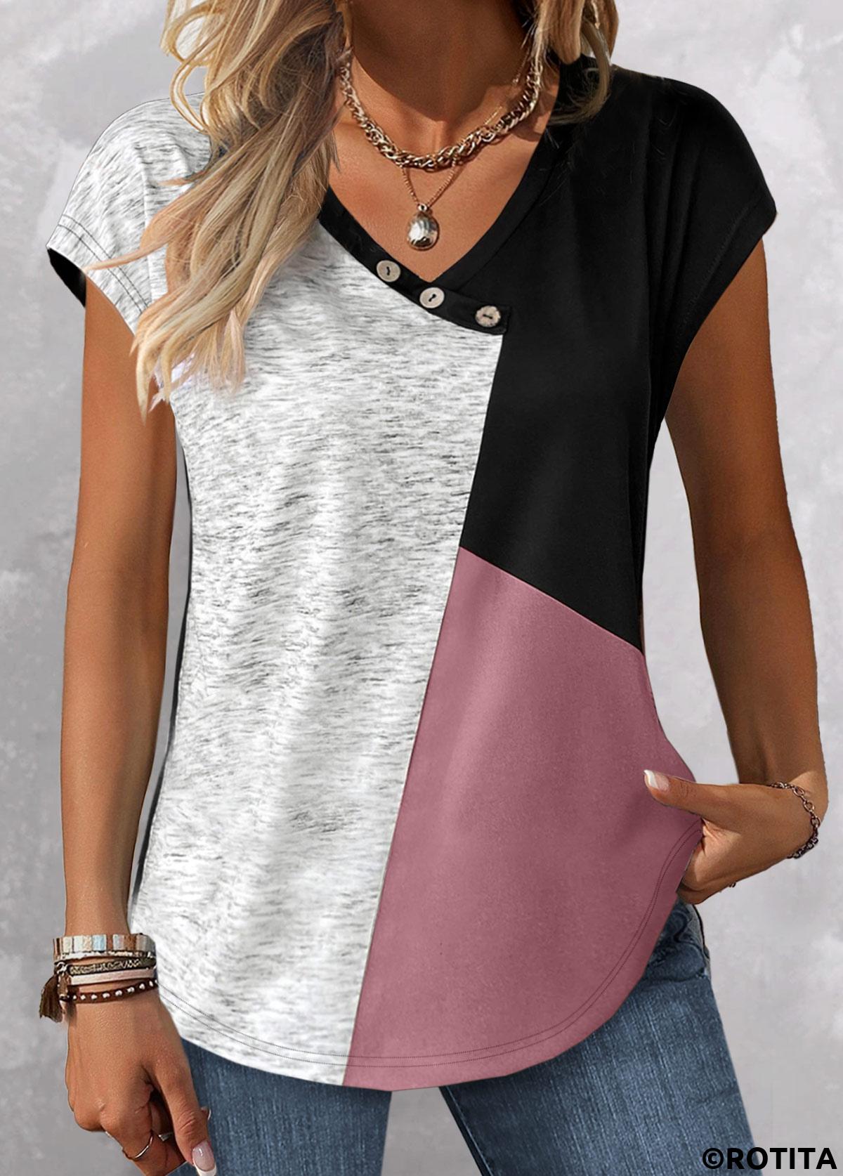 Pink tops,Light Grey Marl tops,Contrast Color tops,ROTITA Patchwork Pink V Neck Short Sleeve T Shirt