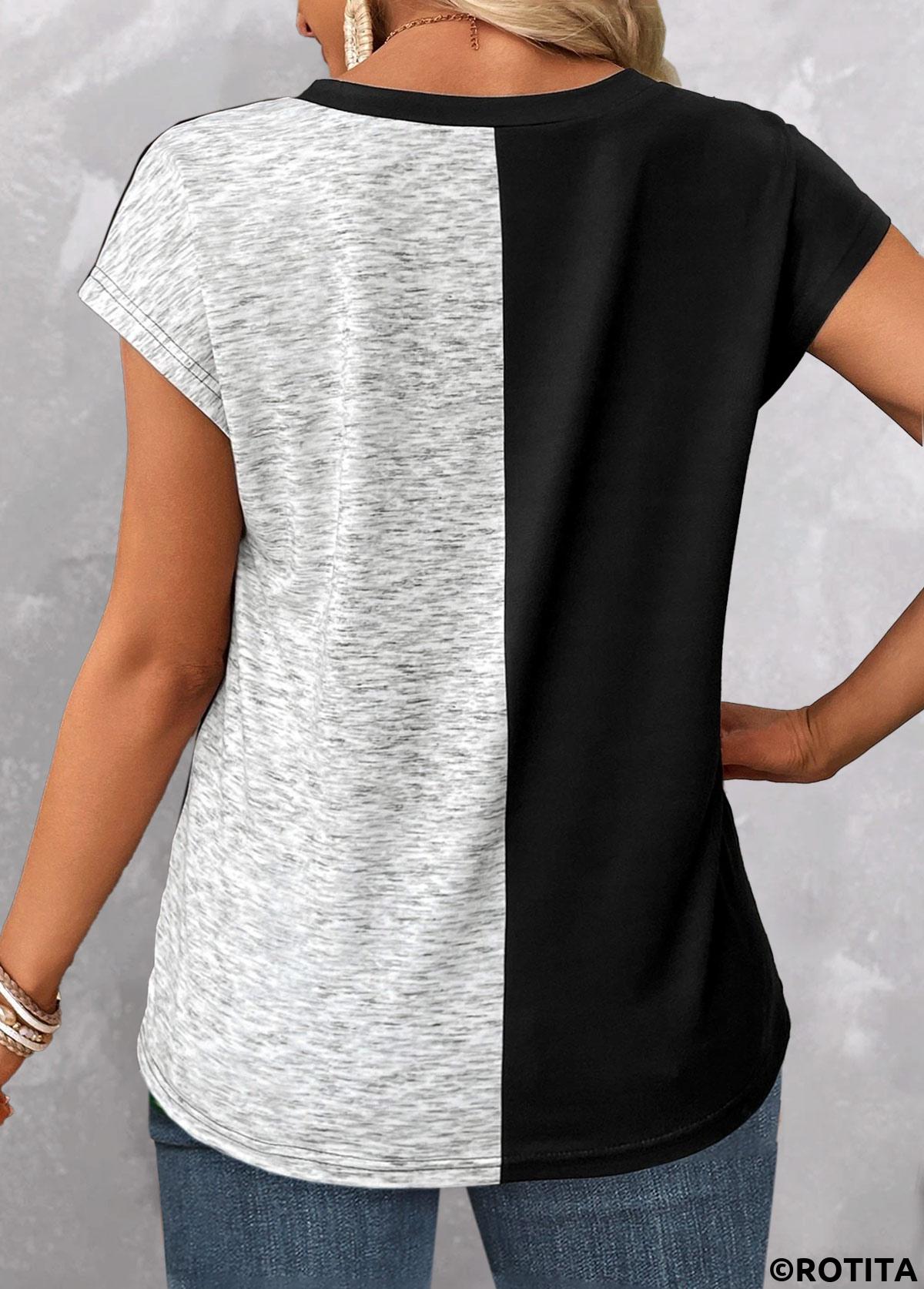 Pink tops,Light Grey Marl tops,Contrast Color tops,ROTITA Patchwork Pink V Neck Short Sleeve T Shirt
