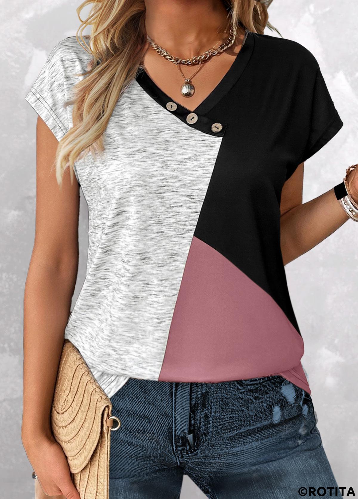 Pink tops,Light Grey Marl tops,Contrast Color tops,ROTITA Patchwork Pink V Neck Short Sleeve T Shirt