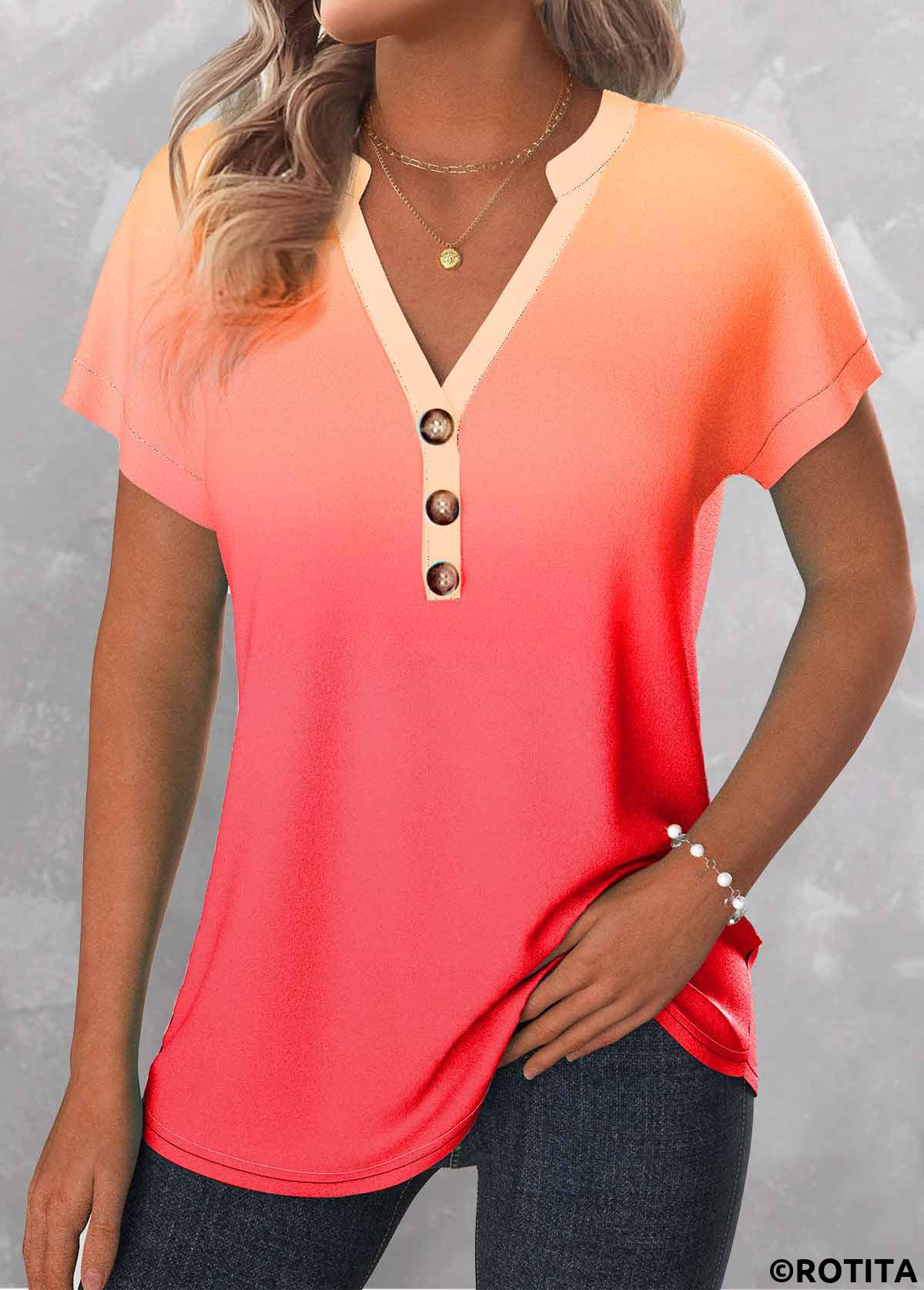 Peach Red tops,Ombre tops,ROTITA Button Ombre Peach Red Split Neck T Shirt