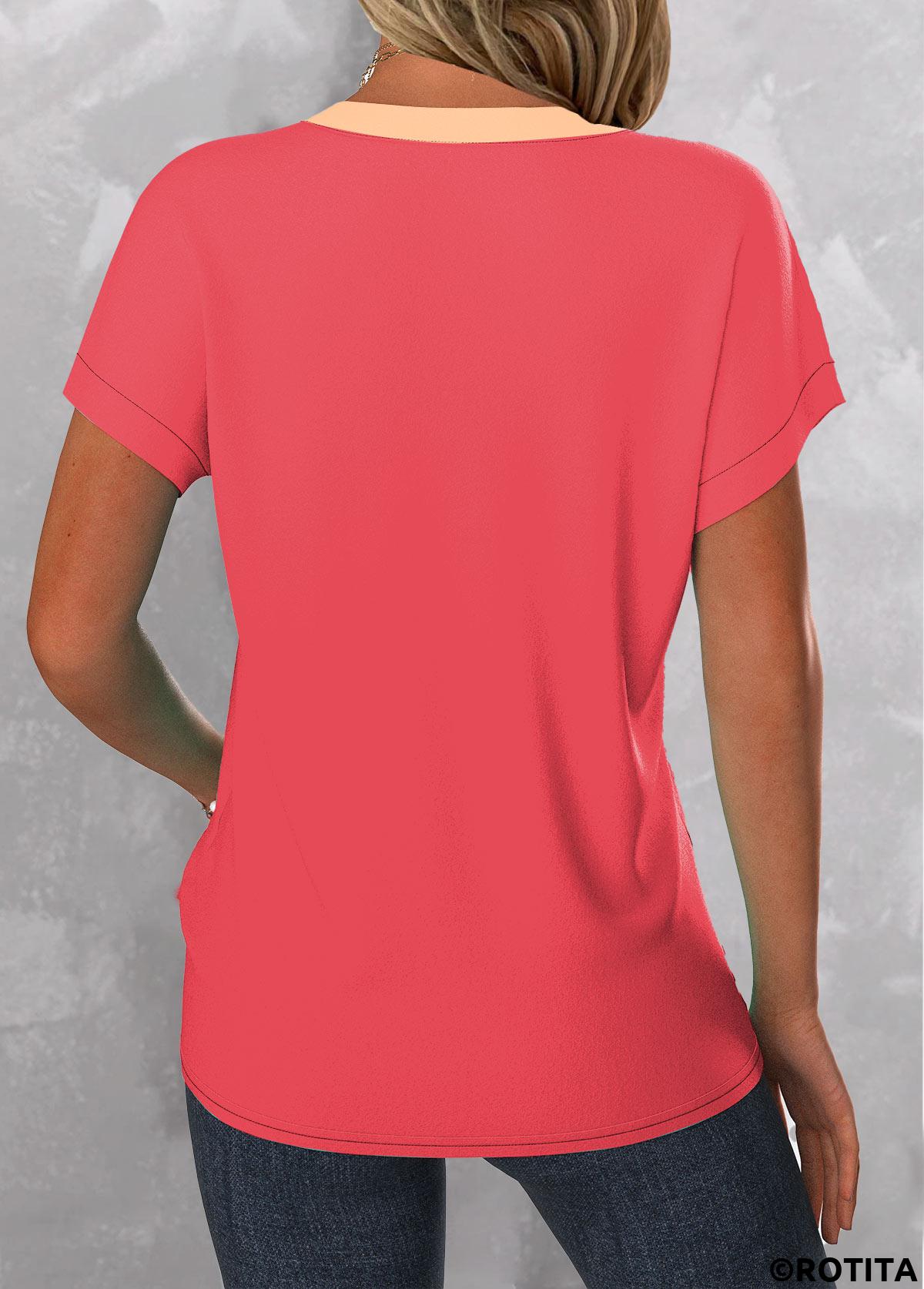 Peach Red tops,Ombre tops,ROTITA Button Ombre Peach Red Split Neck T Shirt