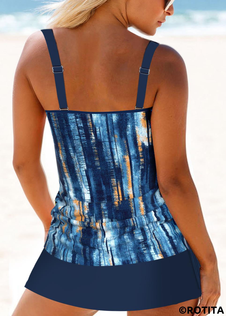 Dusty Blue plus size,Tie Dye plus size,ROTITA Plus Size Mid Waisted Circular Ring Tankini Set