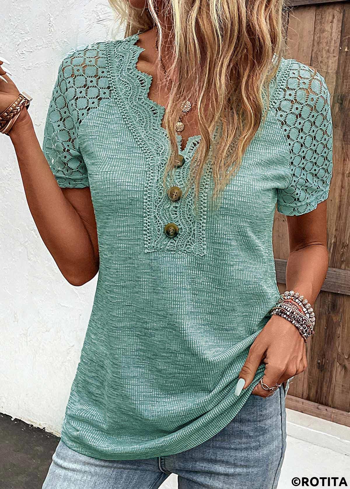 Green tops,Plain Color tops,ROTITA Lace Green V Neck Short Sleeve T Shirt
