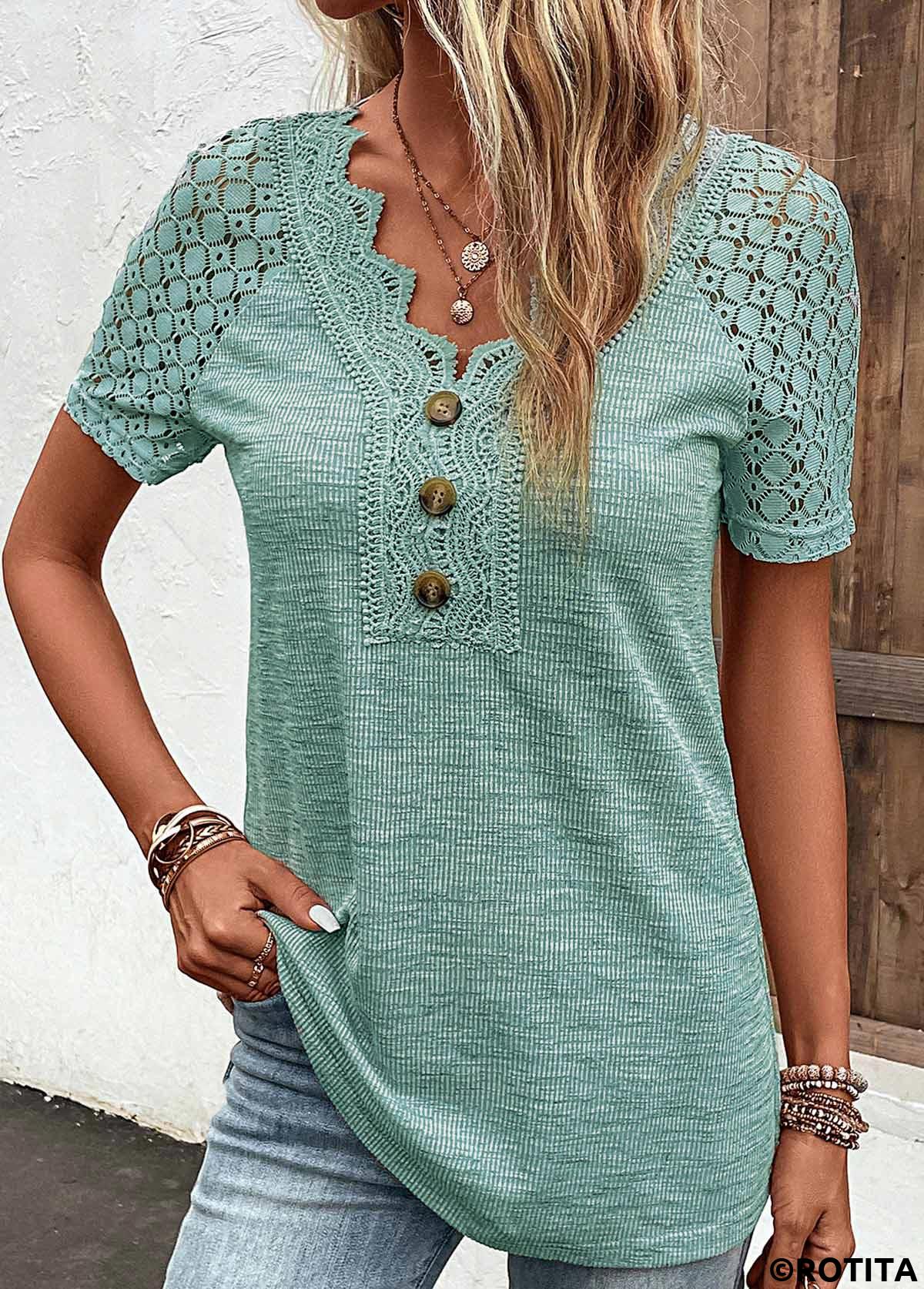 Green tops,Plain Color tops,ROTITA Lace Green V Neck Short Sleeve T Shirt