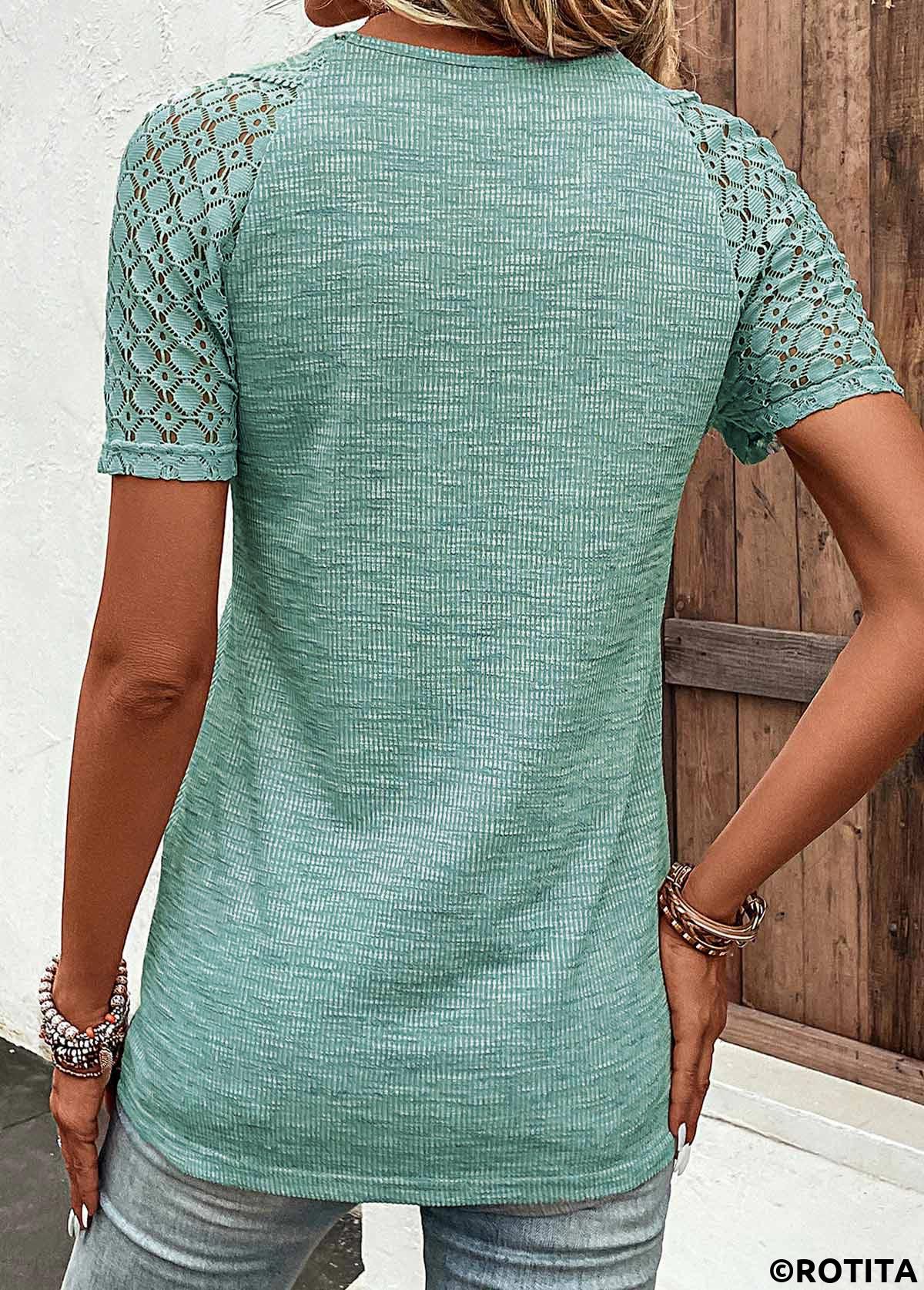 Green tops,Plain Color tops,ROTITA Lace Green V Neck Short Sleeve T Shirt