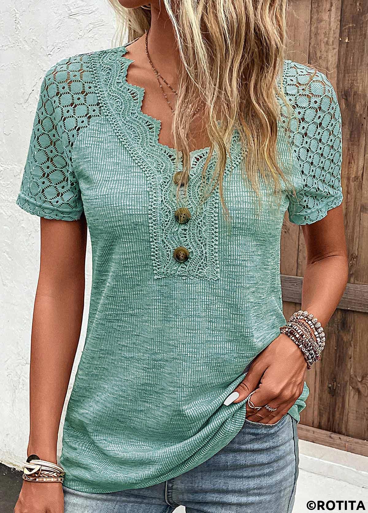 Green tops,Plain Color tops,ROTITA Lace Green V Neck Short Sleeve T Shirt