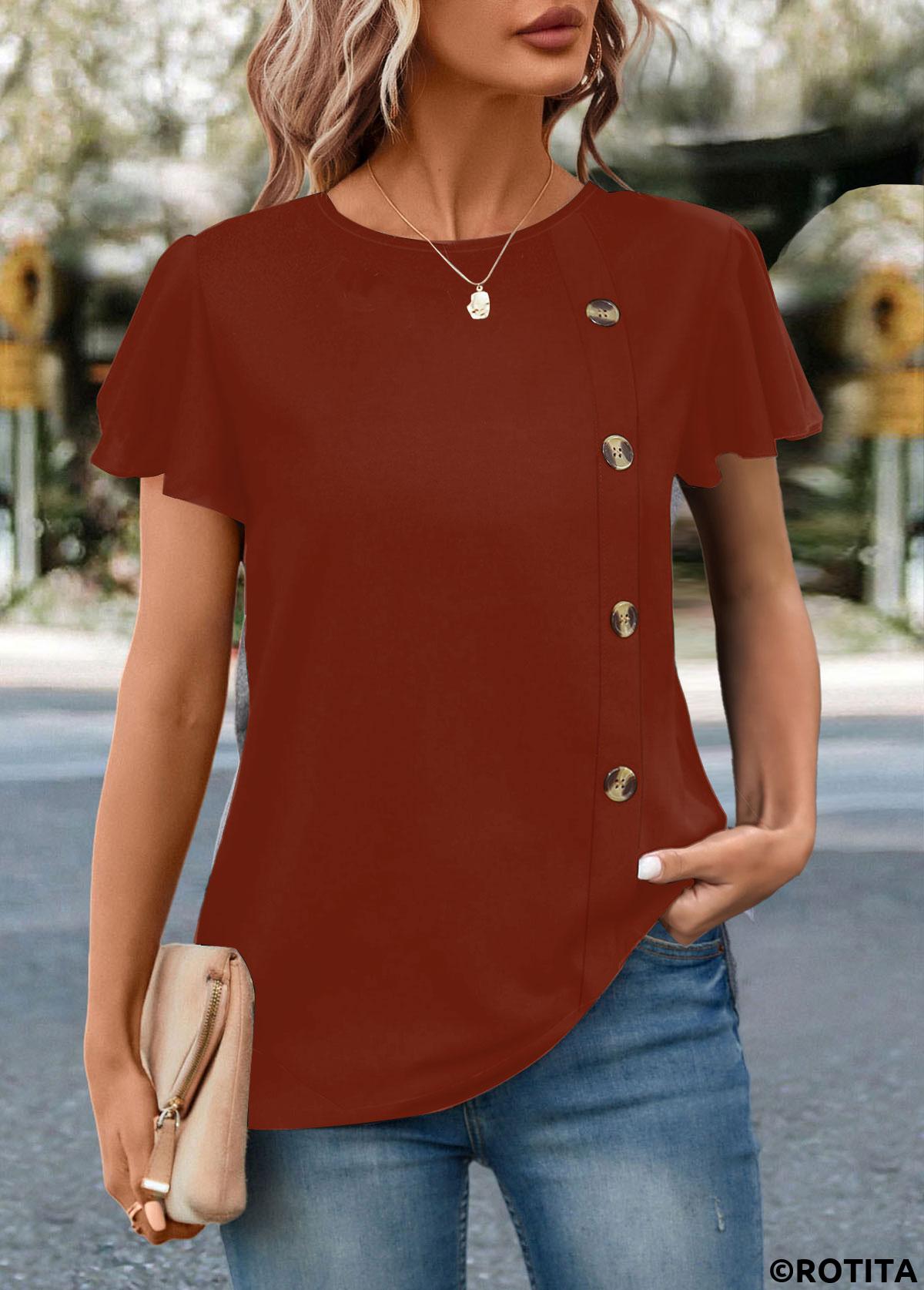 Brick Red tops,Plain Color tops,ROTITA Button Brick Red Round Neck T Shirt