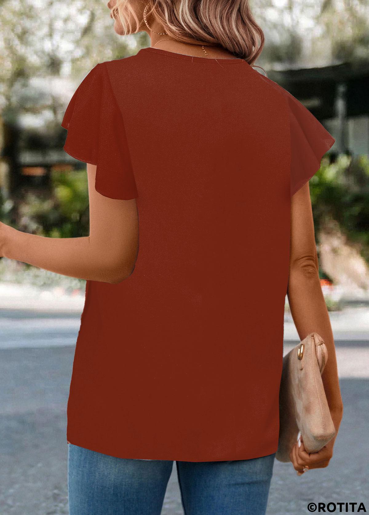 Brick Red tops,Plain Color tops,ROTITA Button Brick Red Round Neck T Shirt