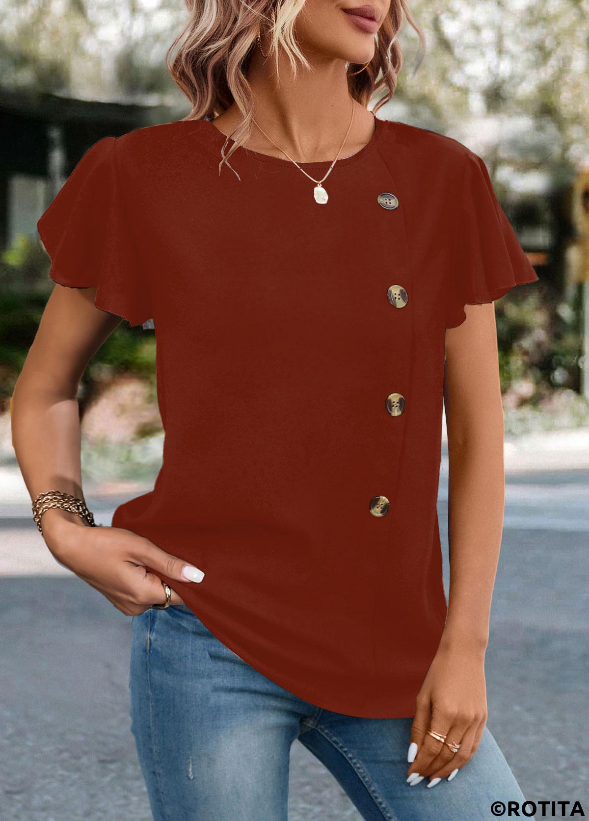 Brick Red tops,Plain Color tops,ROTITA Button Brick Red Round Neck T Shirt