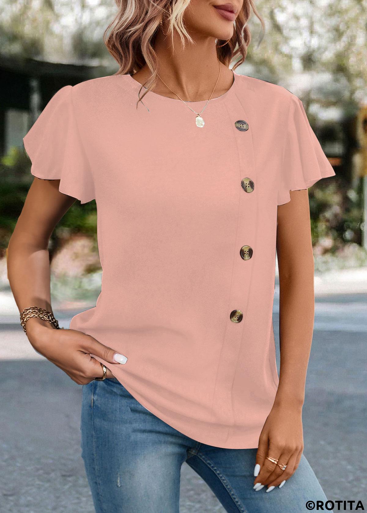 Pink tops,Plain Color tops,ROTITA Button Pink Round Neck Short Sleeve T Shirt