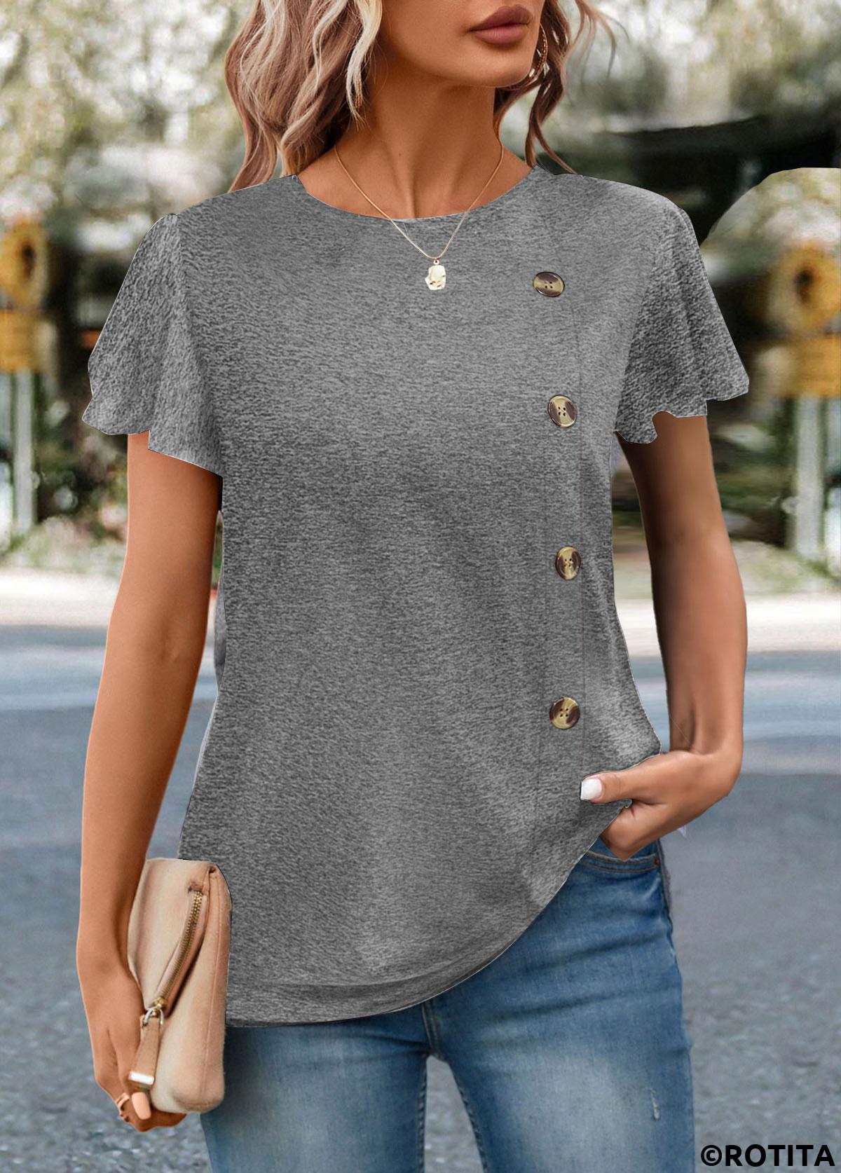Grey tops,Plain Color tops,ROTITA Button Grey Round Neck Short Sleeve T Shirt