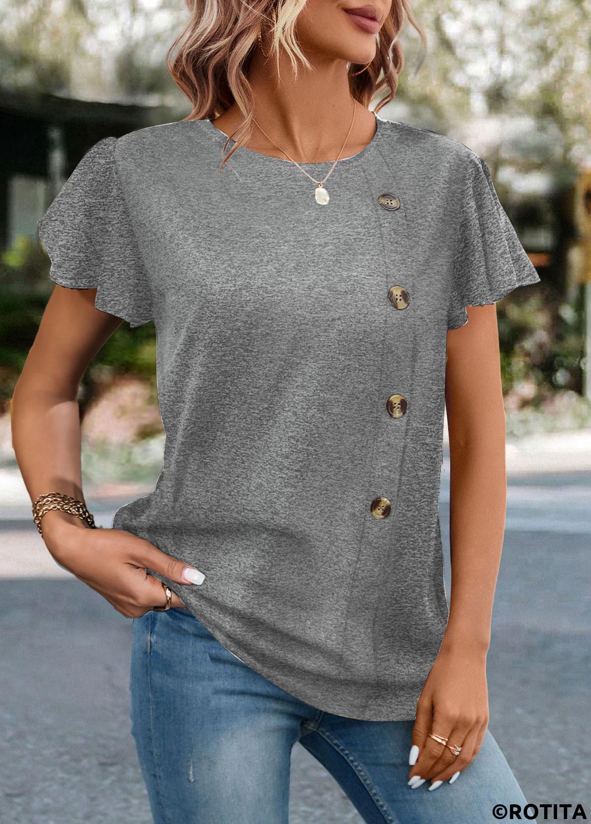 Grey tops,Plain Color tops,ROTITA Button Grey Round Neck Short Sleeve T Shirt
