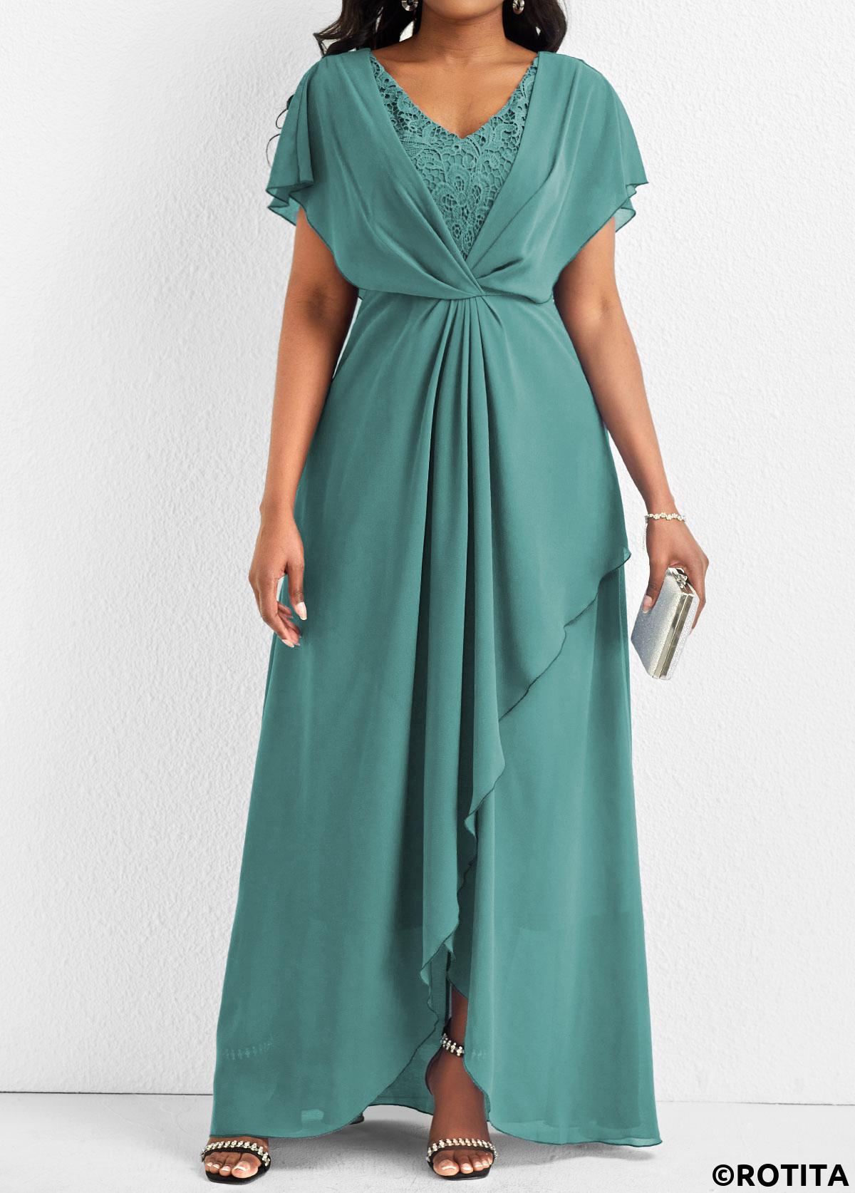 Turquoise dresses,Plain Color dresses,Party dresses,Elegant dresses,ROTITA Lace Mint Green V Neck Maxi Dress