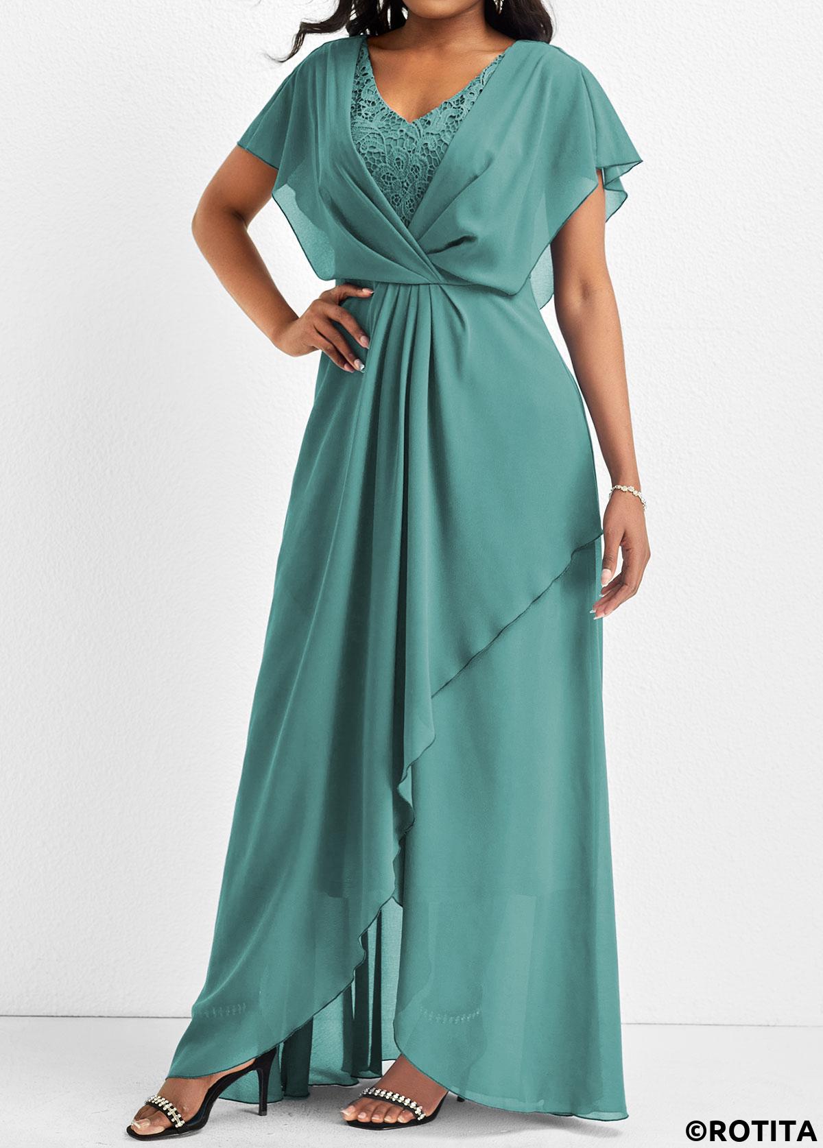 Turquoise dresses,Plain Color dresses,Party dresses,Elegant dresses,ROTITA Lace Mint Green V Neck Maxi Dress
