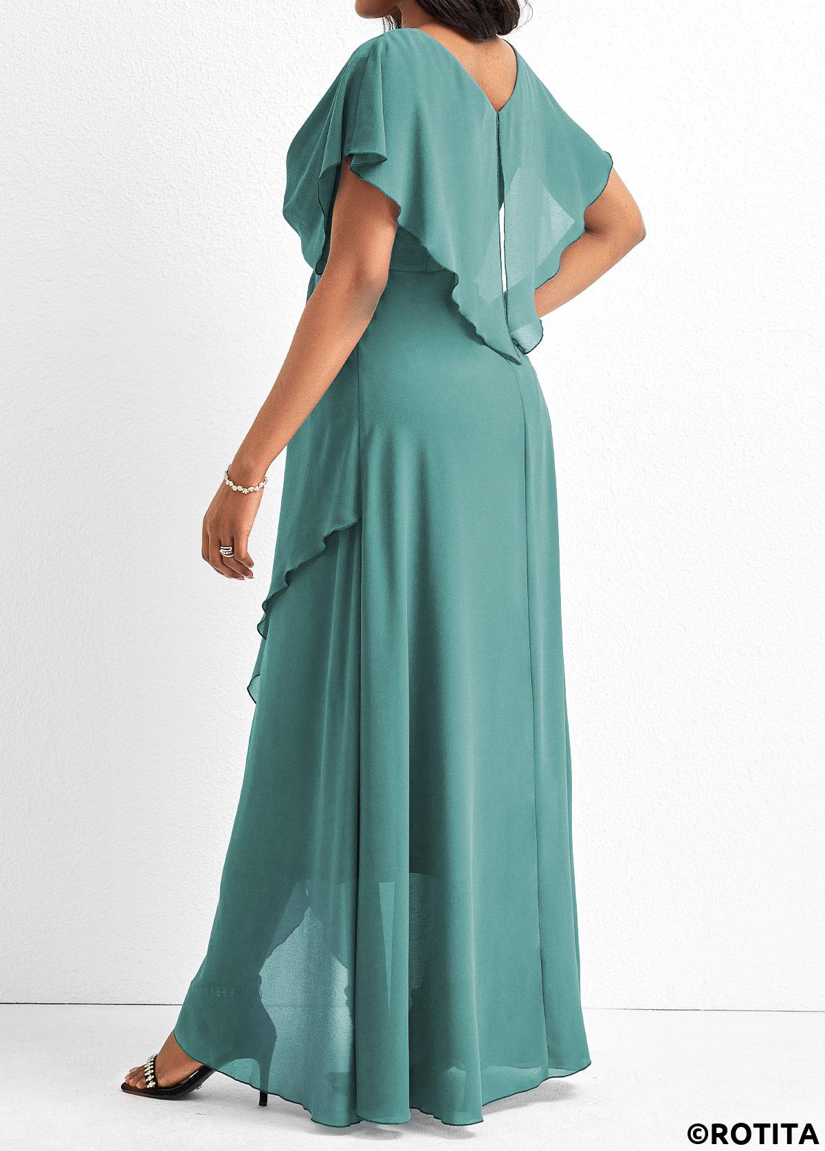 Turquoise dresses,Plain Color dresses,Party dresses,Elegant dresses,ROTITA Lace Turquoise V Neck Short Sleeve Maxi Dress