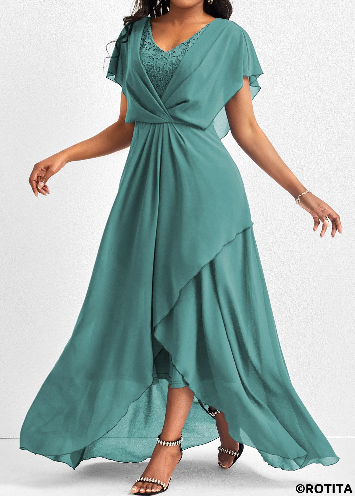 Turquoise dresses,Plain Color dresses,Party dresses,Elegant dresses,ROTITA Lace Turquoise V Neck Short Sleeve Maxi Dress
