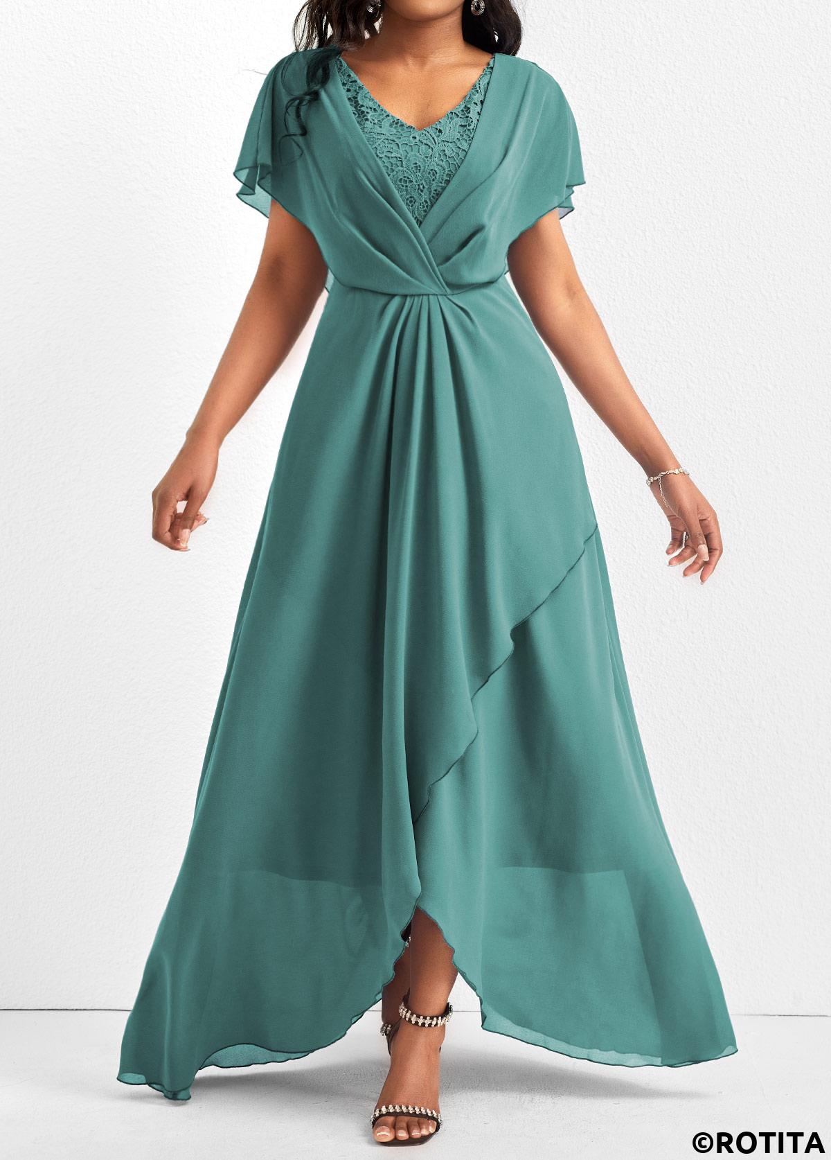 Turquoise dresses,Plain Color dresses,Party dresses,Elegant dresses,ROTITA Lace Turquoise V Neck Short Sleeve Maxi Dress