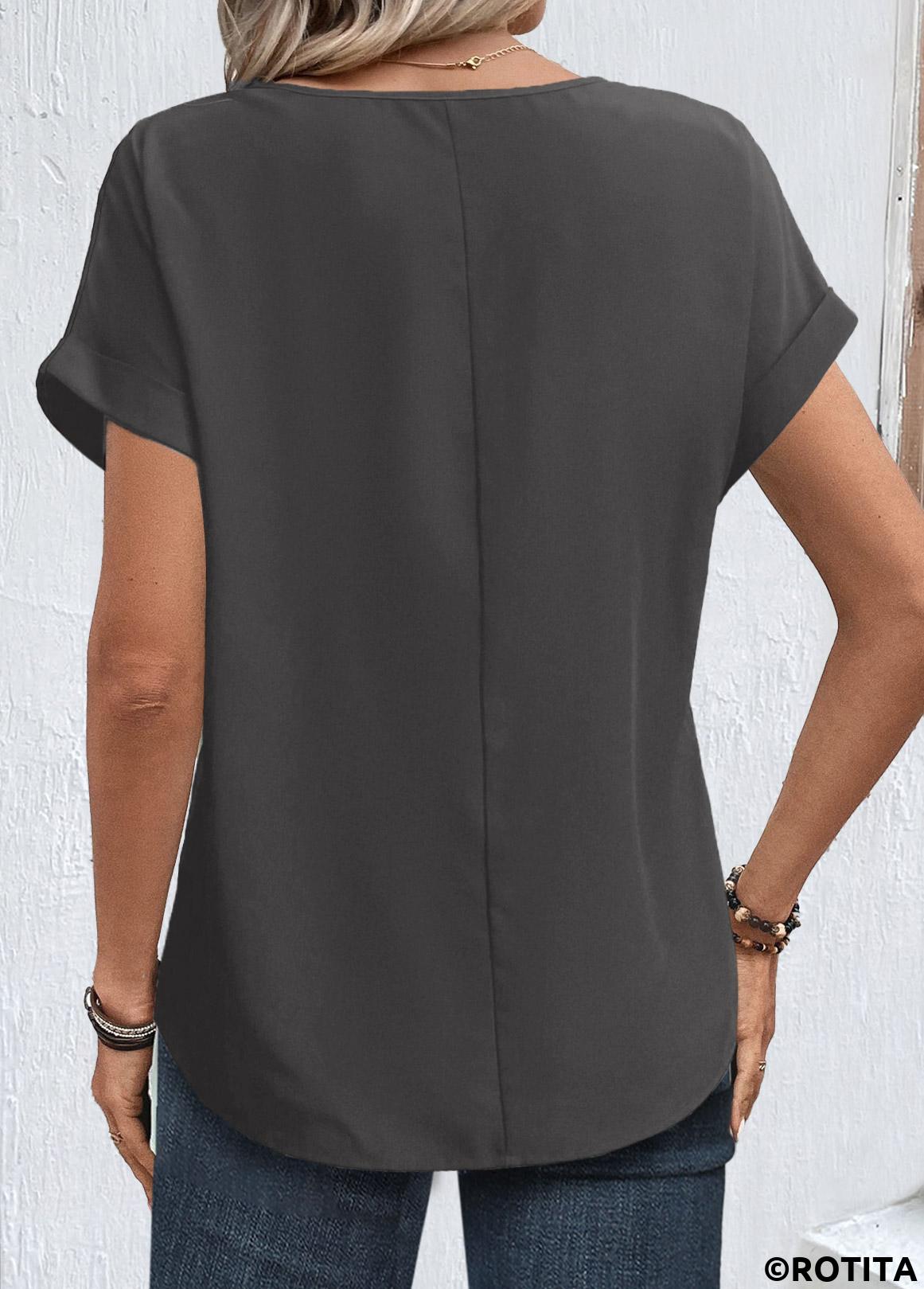 Grey tops,Plain Color tops,ROTITA Zipper Grey Round Neck Short Sleeve Blouse