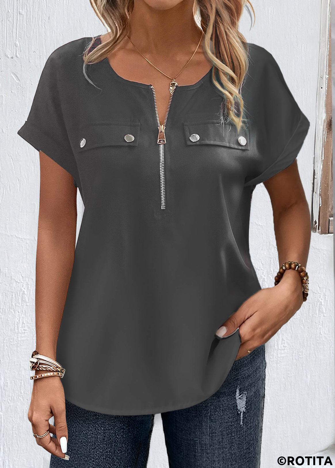 Grey tops,Plain Color tops,ROTITA Zipper Grey Round Neck Short Sleeve Blouse