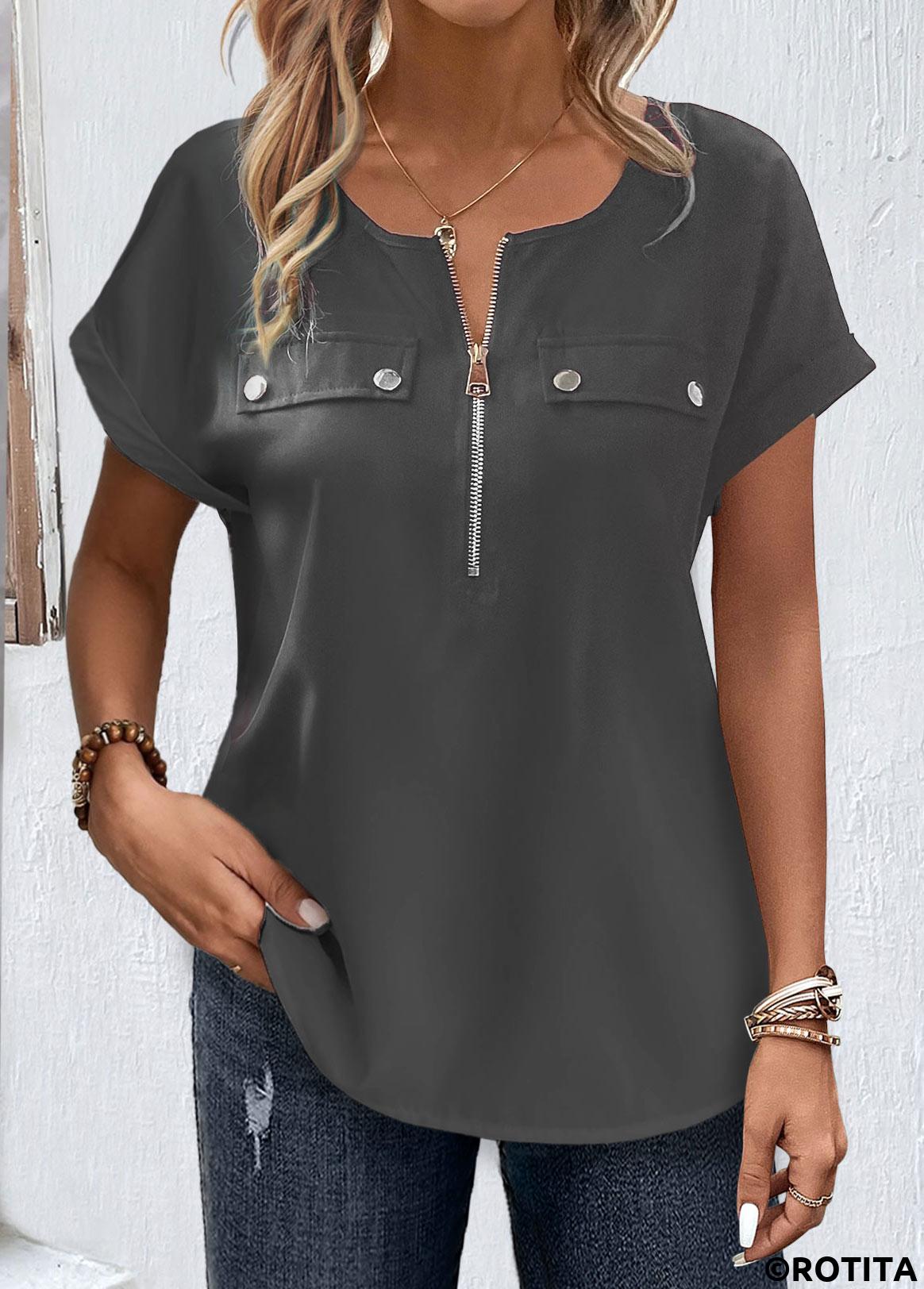 Grey tops,Plain Color tops,ROTITA Zipper Grey Round Neck Short Sleeve Blouse