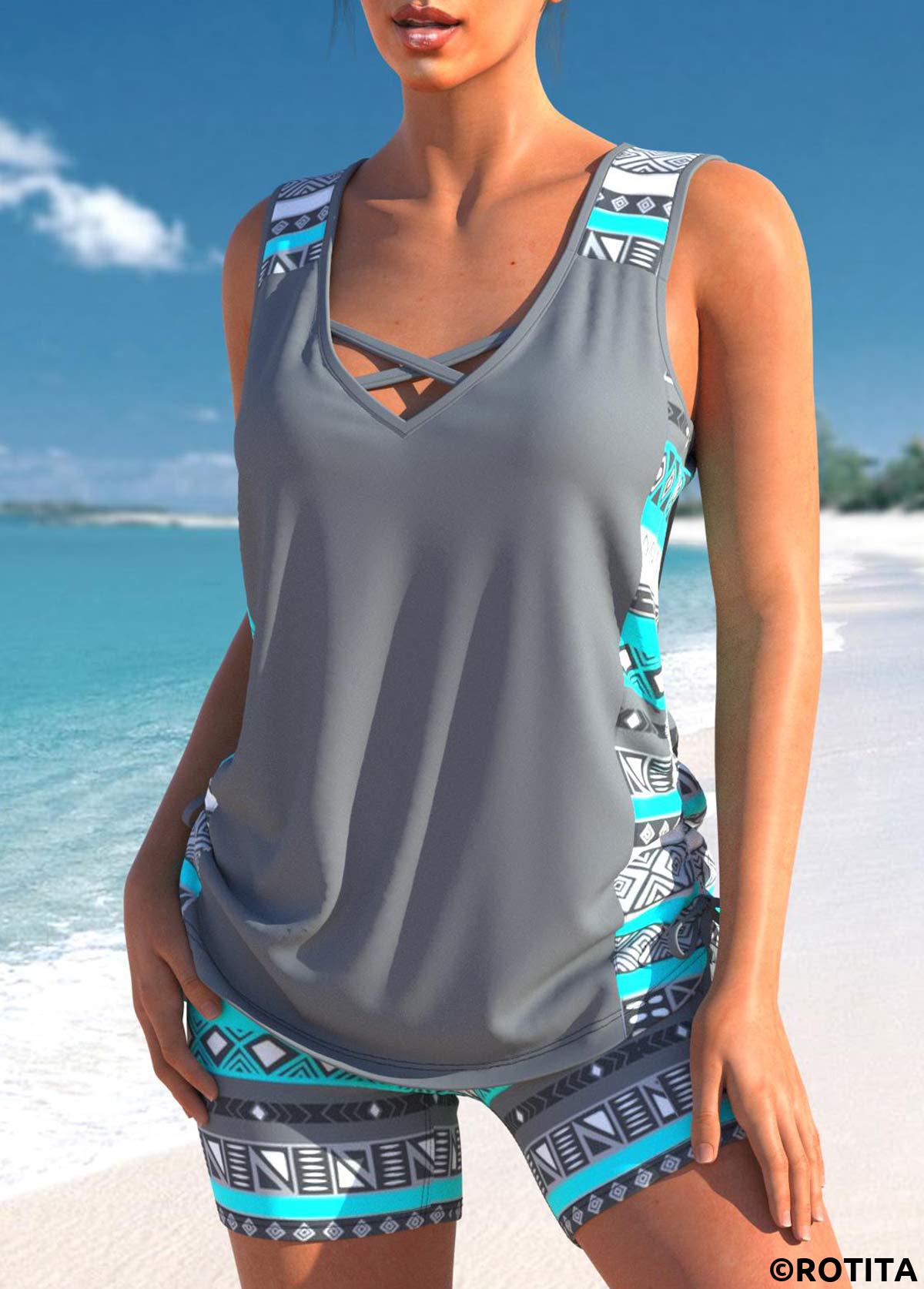 Grey swimwear,Tribal swimwear,Striped swimwear,ROTITA Drawstring Grey Tribal Print Mid Waisted Tankini Set