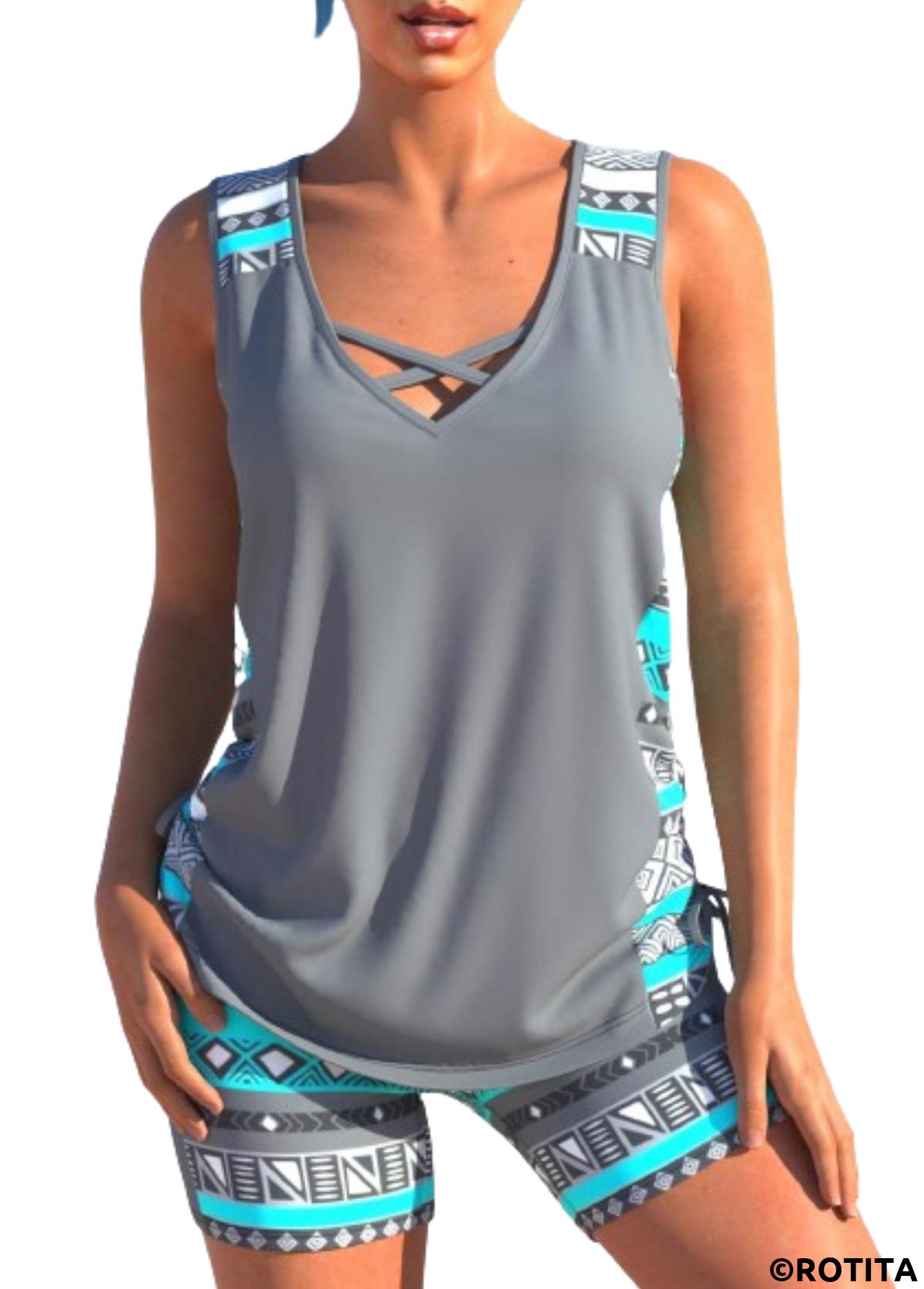 Grey swimwear,Tribal swimwear,Striped swimwear,ROTITA Drawstring Grey Tribal Print Mid Waisted Tankini Set