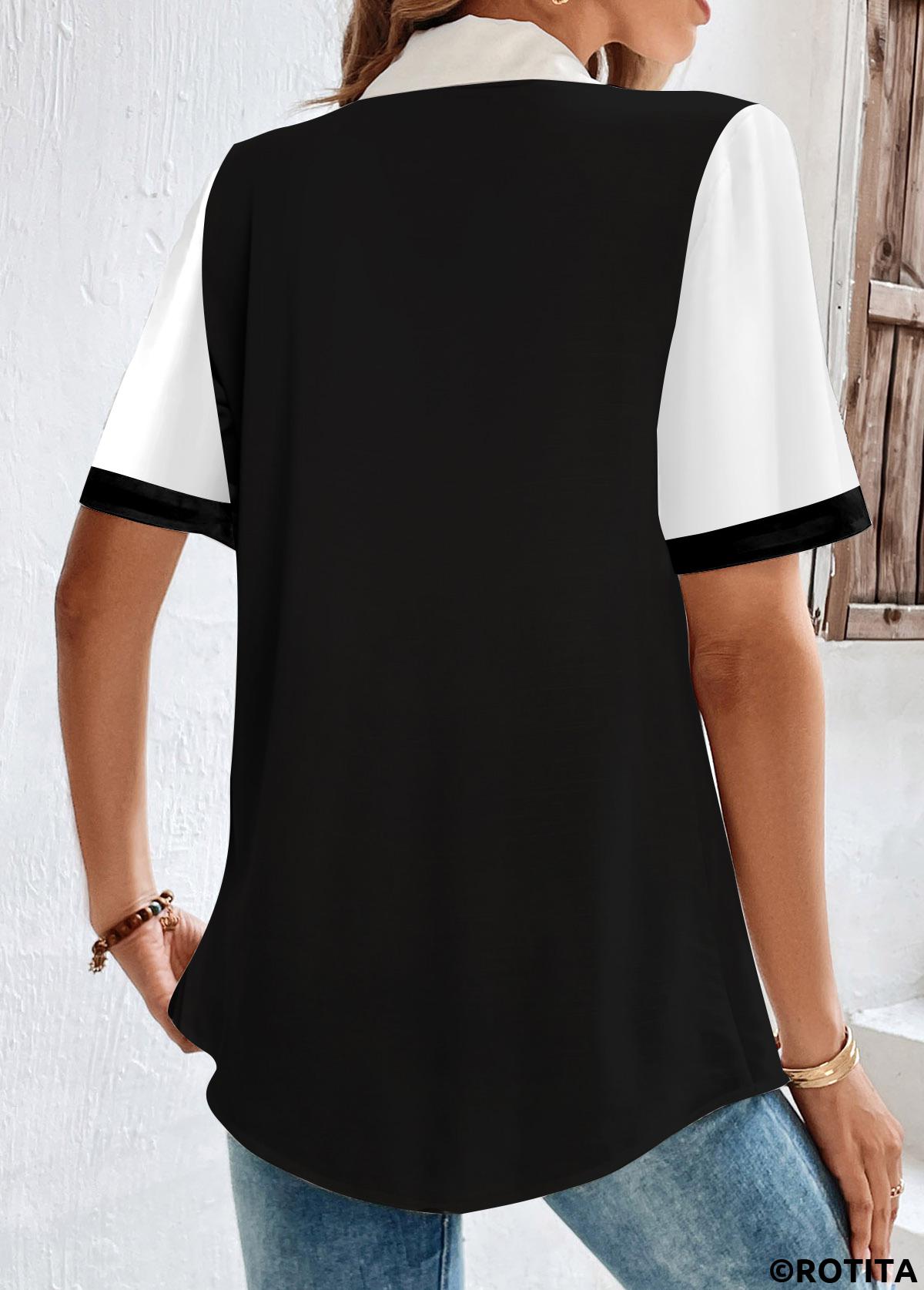 White tops,Black tops,Striped tops,Geometric tops,Contrast Color tops,ROTITA Button Striped White Shirt Collar Short Sleeve Blouse