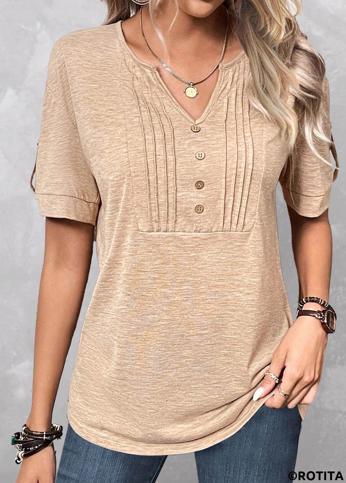 Light Camel tops,Plain Color tops,ROTITA Button Light Camel Split Neck T Shirt