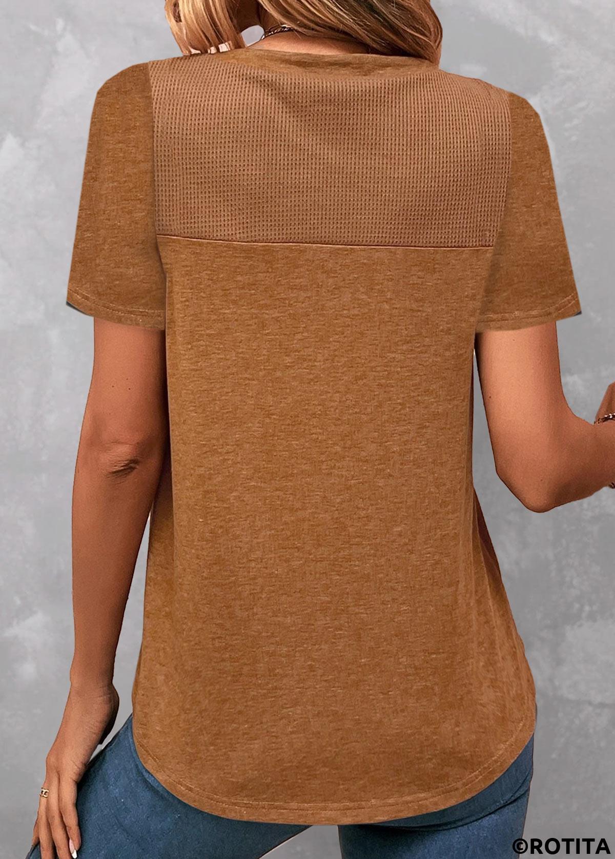 Dark Camel tops,Plain Color tops,ROTITA Patchwork Dark Camel V Neck T Shirt