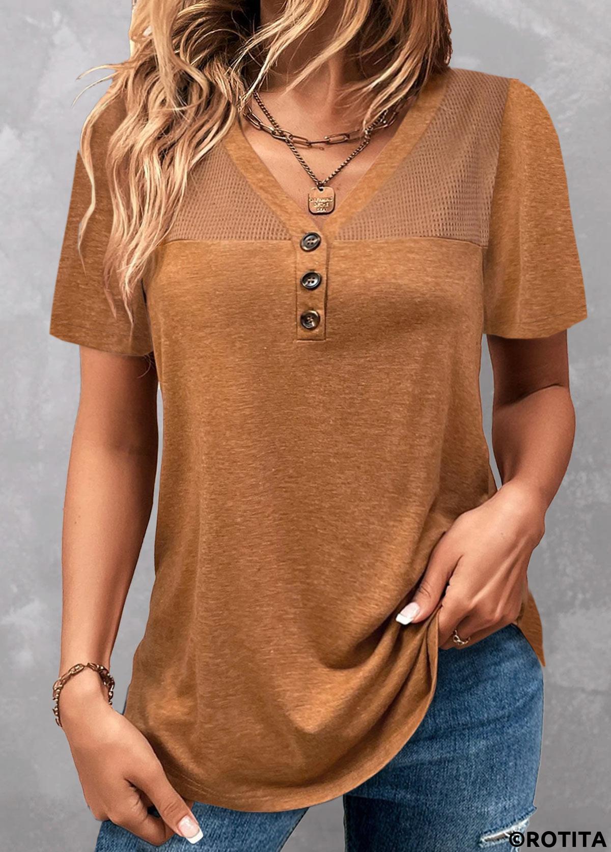 Dark Camel tops,Plain Color tops,ROTITA Patchwork Dark Camel V Neck T Shirt