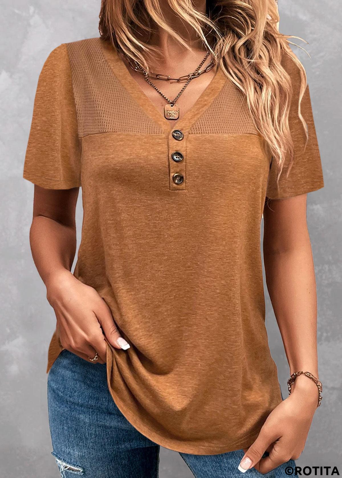 Dark Camel tops,Plain Color tops,ROTITA Patchwork Dark Camel V Neck T Shirt