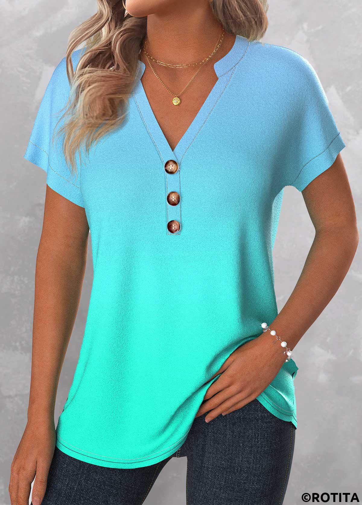 Mint Green plus size,Ombre plus size,ROTITA Plus Size Button Mint Green Ombre T Shirt